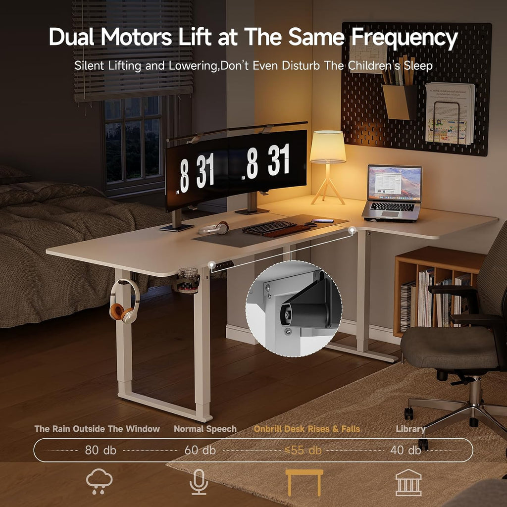 ONBRILL L Shaped Standing Desk, 71x43 Inches Electric L Stand Up Desk with 4 Legs, Dual Motor and Memory Controller, Adjustable Height from 28-46 Inches for Home and Computer Workstation, White