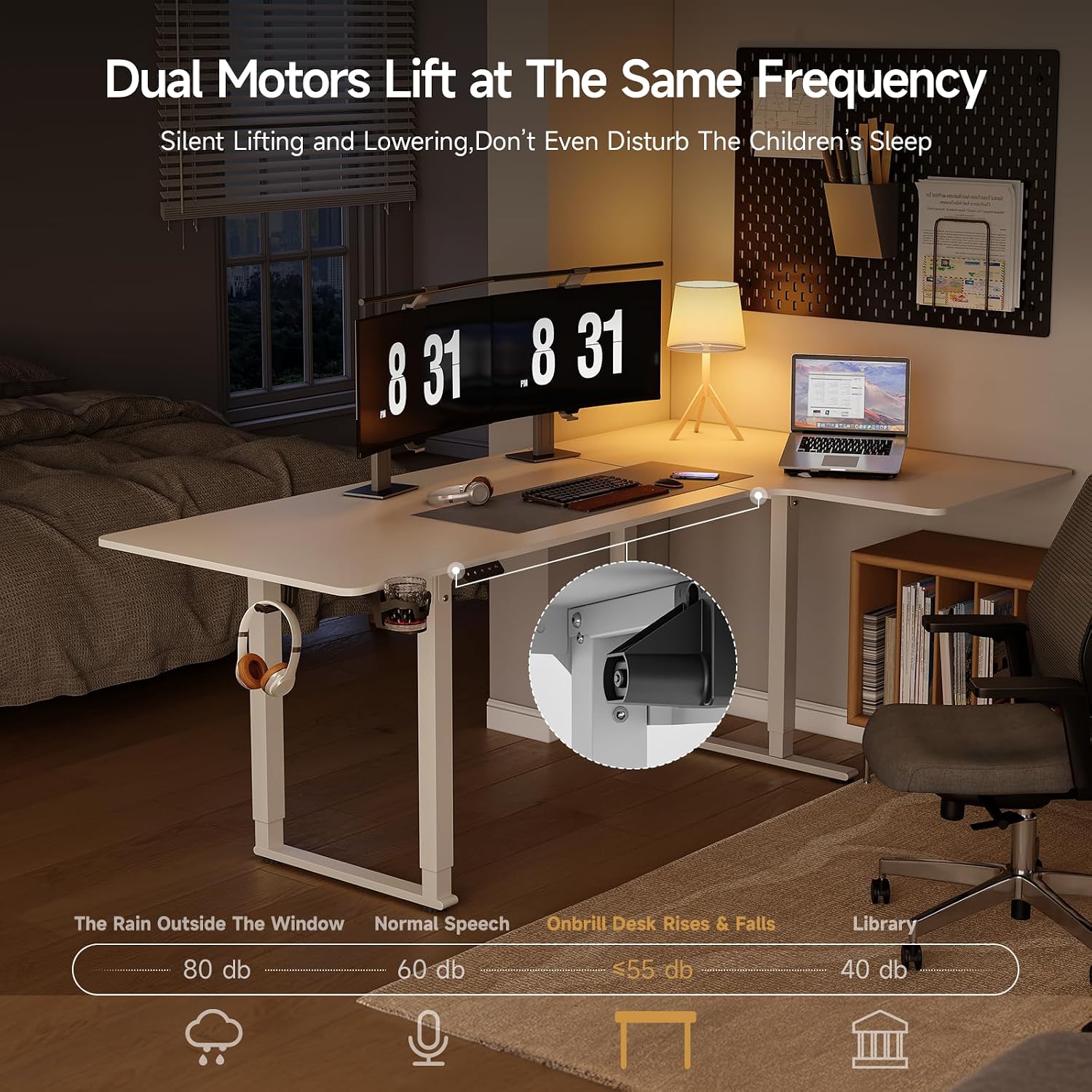 ONBRILL L Shaped Standing Desk, 71x43 Inches Electric L Stand Up Desk with 4 Legs, Dual Motor and Memory Controller, Adjustable Height from 28-46 Inches for Home and Computer Workstation, White