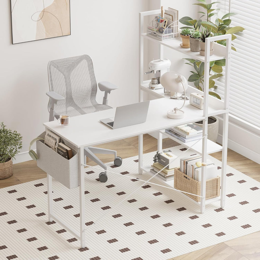 Treesland 55 Inch Computer Desk with Bookshelf, Corner Desk with Storage, L Shaped Desk, Home Office Desks, Writing Study Desk for Bedroom, White