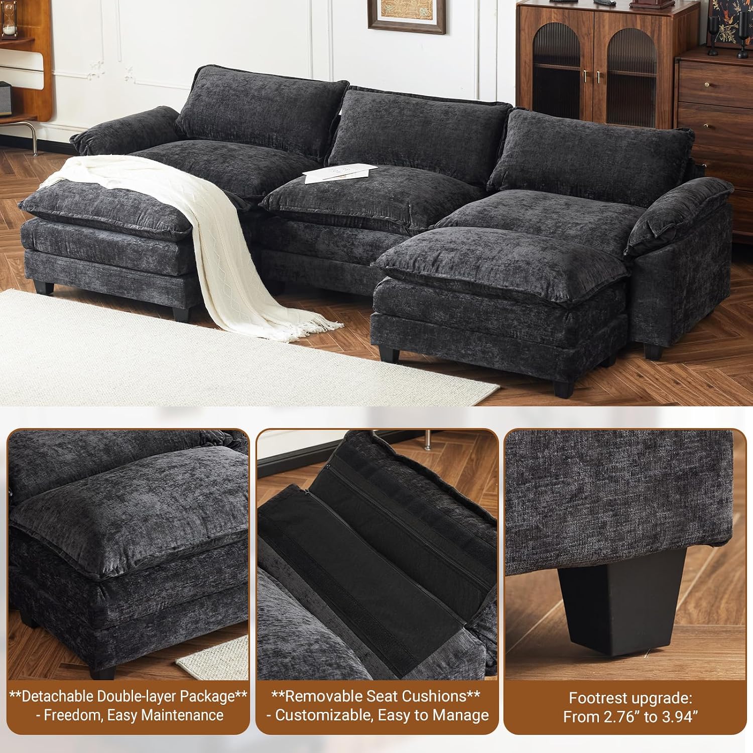 VINGLI 122' Cloud Double-Layer Deep Convertible Sectional Sofa, Comfy L-Shape 3-Seat Couches for Living Room, Modern Couch with Two Movable Ottoman for Small Space, Chenille Black