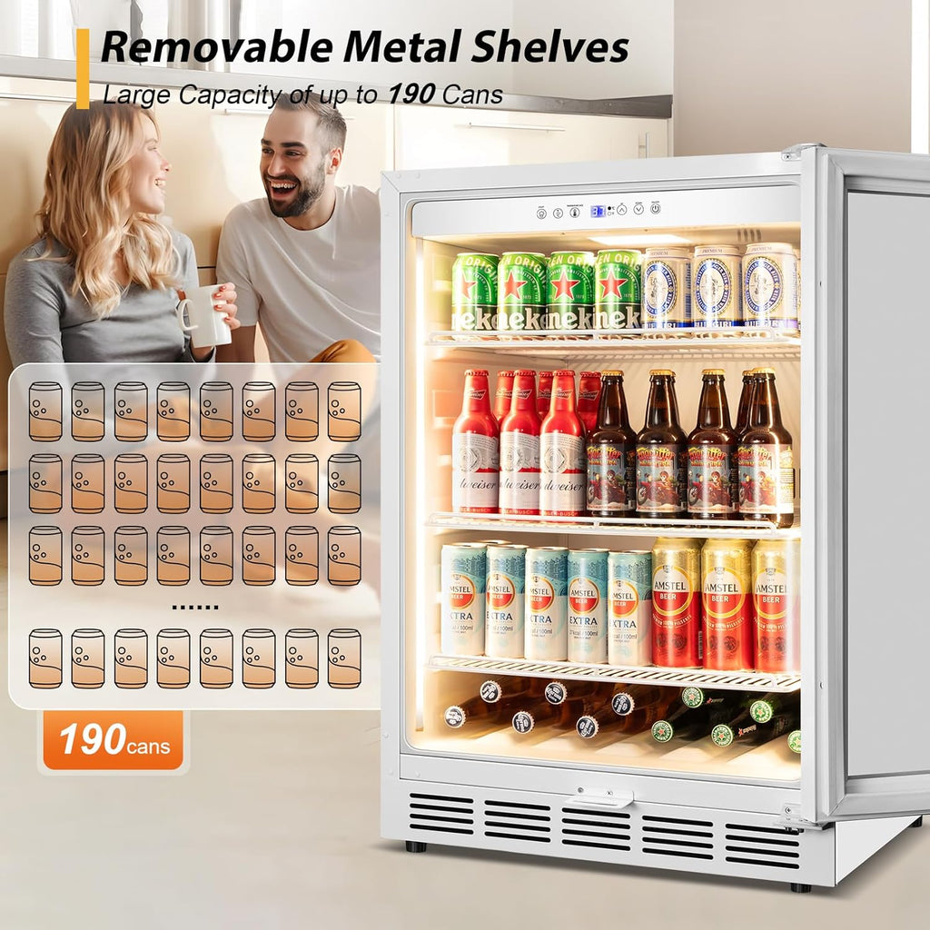 Tylza Beverage Refrigerator 24 Inch, Under Counter/Freestanding Drink Fridge, 190 Cans Beverage Cooler with Glass Door, Reversible Door, Low Noise, Quick Cooling - for Beer, Soda, ETC, White