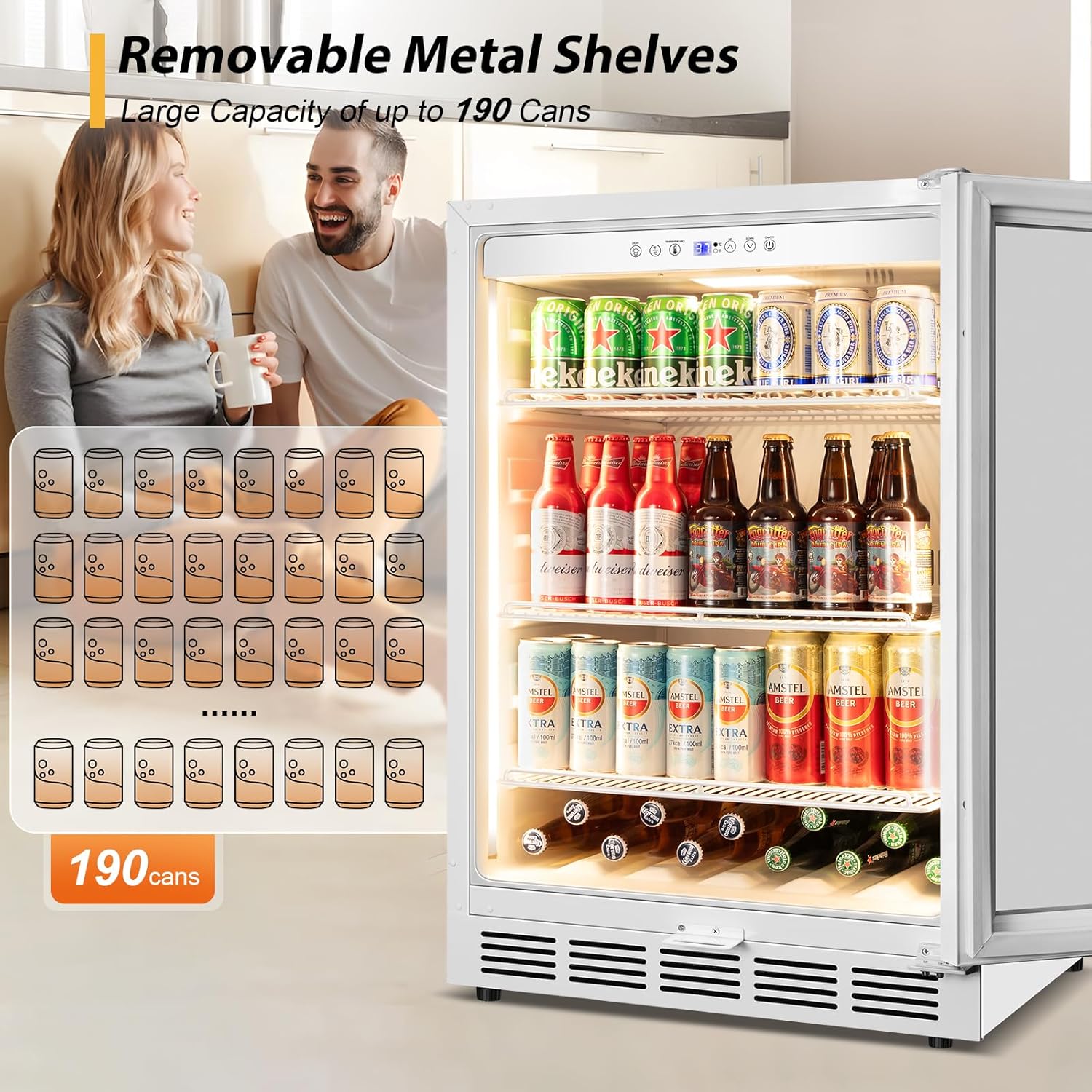 Tylza Beverage Refrigerator 24 Inch, Under Counter/Freestanding Drink Fridge, 190 Cans Beverage Cooler with Glass Door, Reversible Door, Low Noise, Quick Cooling - for Beer, Soda, ETC, White
