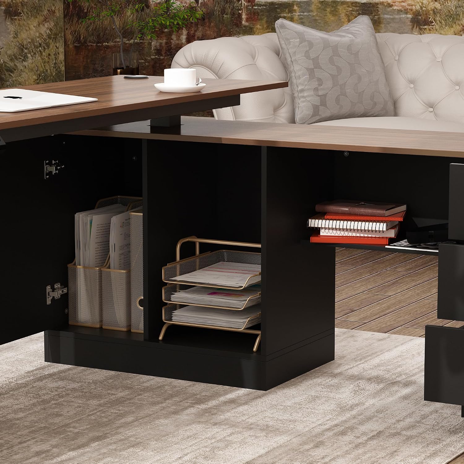 Homsee Home Office L Shaped Electric Standing Desk with Drawers and Shelves, Height Adjustable Stand up Desk, 63' Computer Executive Corner Table, Walnut & Black