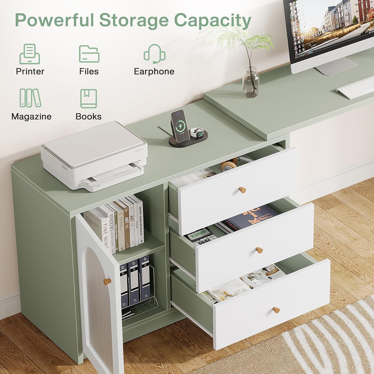 Tribesigns L-Shaped Computer Desk with Drawers, Modern Corner Home Office Desk with Reversible Storage Cabinet, Long Study Writing Desk Workstation for Home Office, Cyan & White
