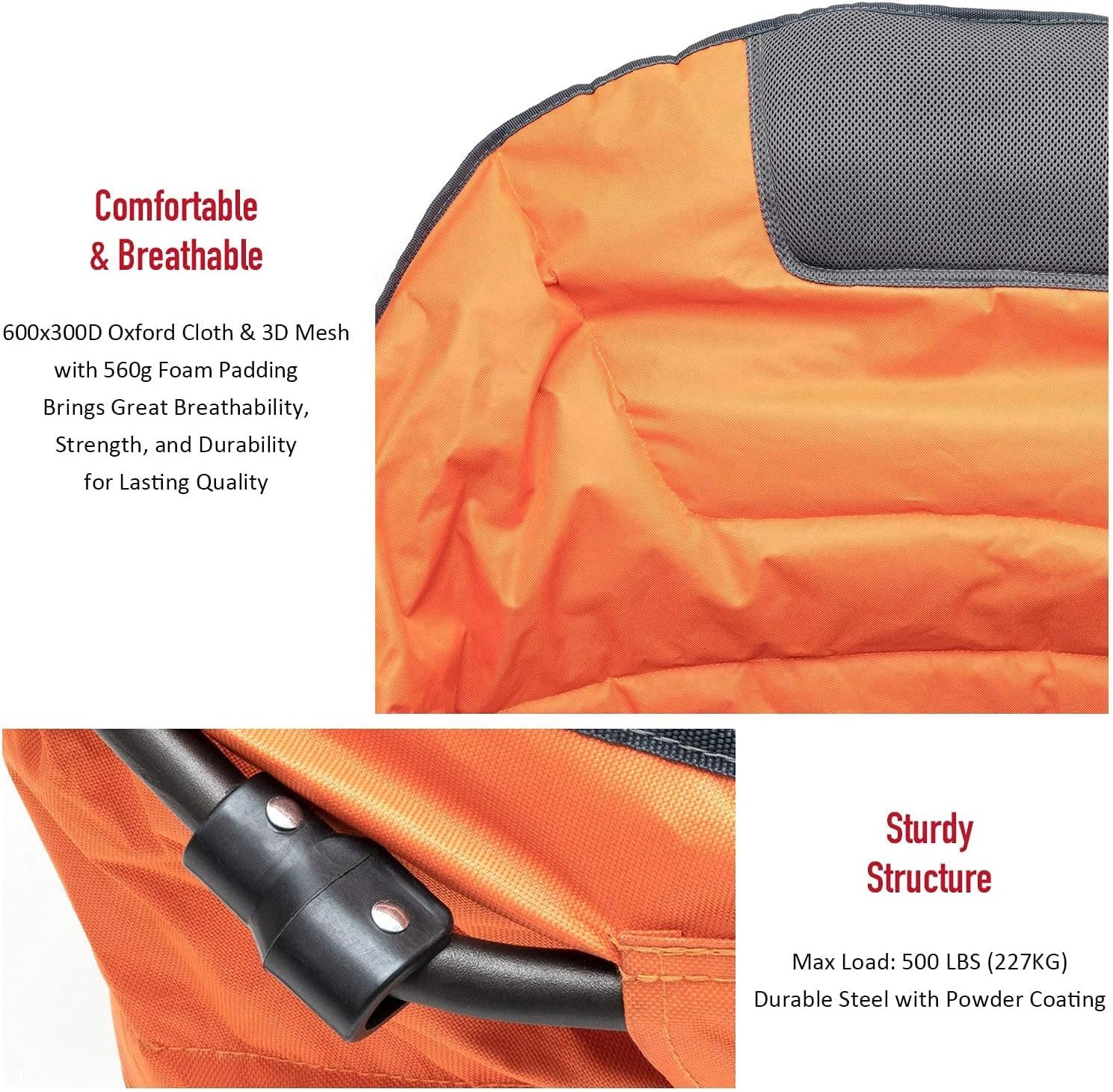 SUNNYFEEL Oversized Camping Chair Heavy Duty 500 LBS Portable Folding Chairs Orange Large Sofa Chair for Beach, Trip, Picnic, Lawn, Outdoor Camp Chair for Adults & Carry Bag