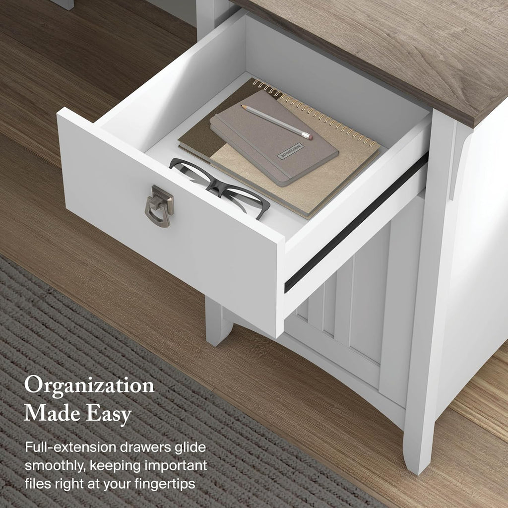 Bush Home L Shaped Desk with Storage for Home Office, Modern Farmhouse Corner Table with Drawers and Cabinets, Salinas Collection, Pure White and Shiplap Gray