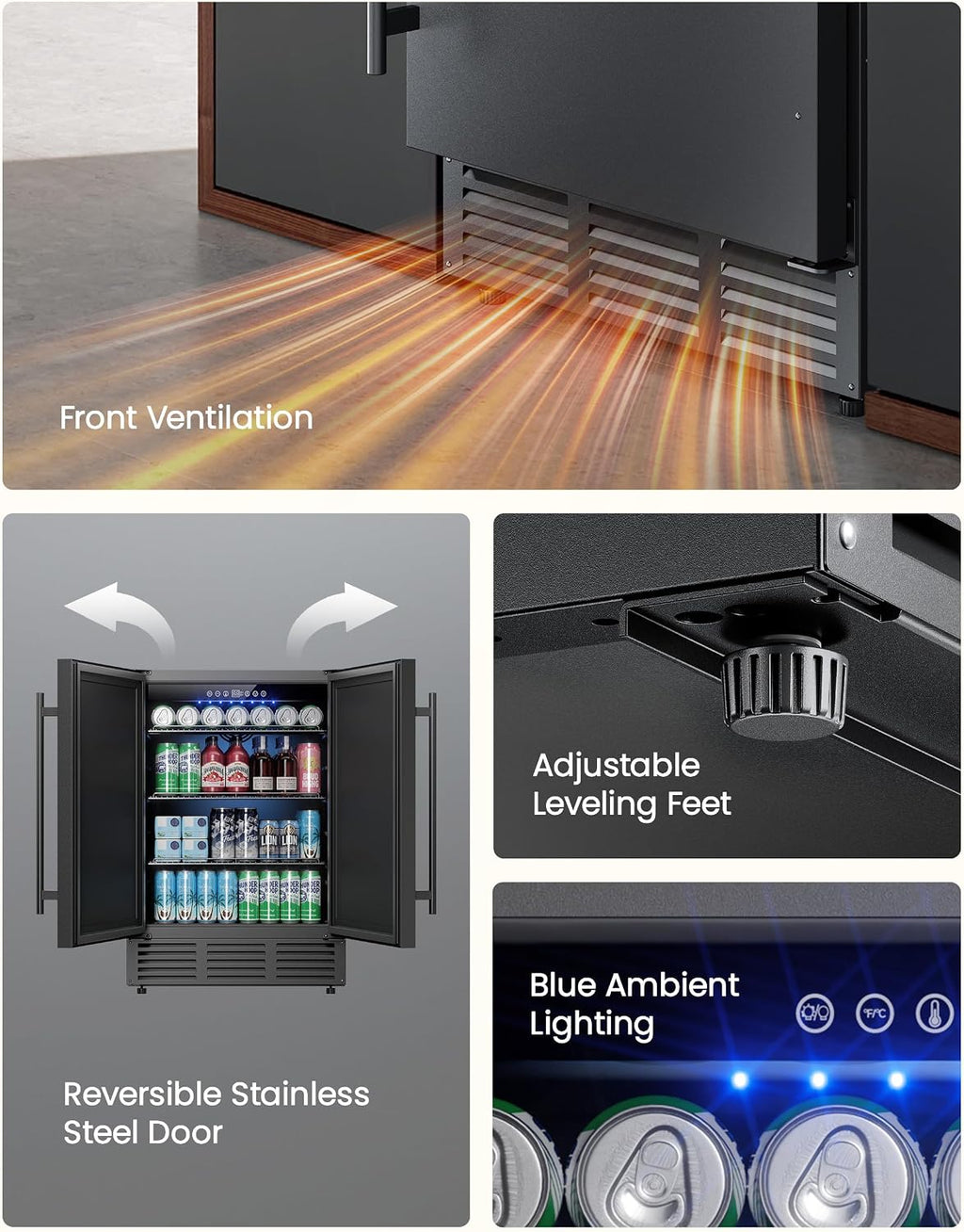 24 Inch Beverage Refrigerator, 180 Can Under Counter Fridge, Stainless Steel Beer Fridge for Built-in & Freestanding, Outdoor Refrigerator for Soda, Beer, Wine (Black)