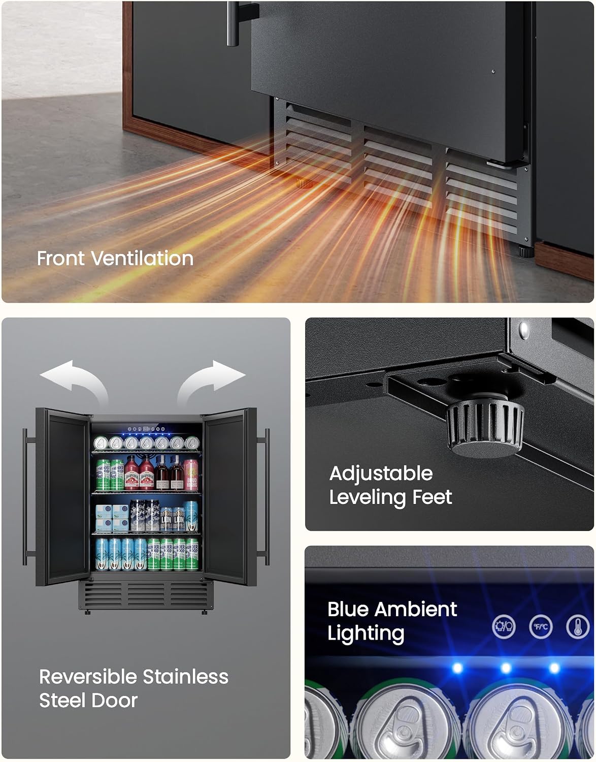 24 Inch Beverage Refrigerator, 180 Can Under Counter Fridge, Stainless Steel Beer Fridge for Built-in & Freestanding, Outdoor Refrigerator for Soda, Beer, Wine (Black)