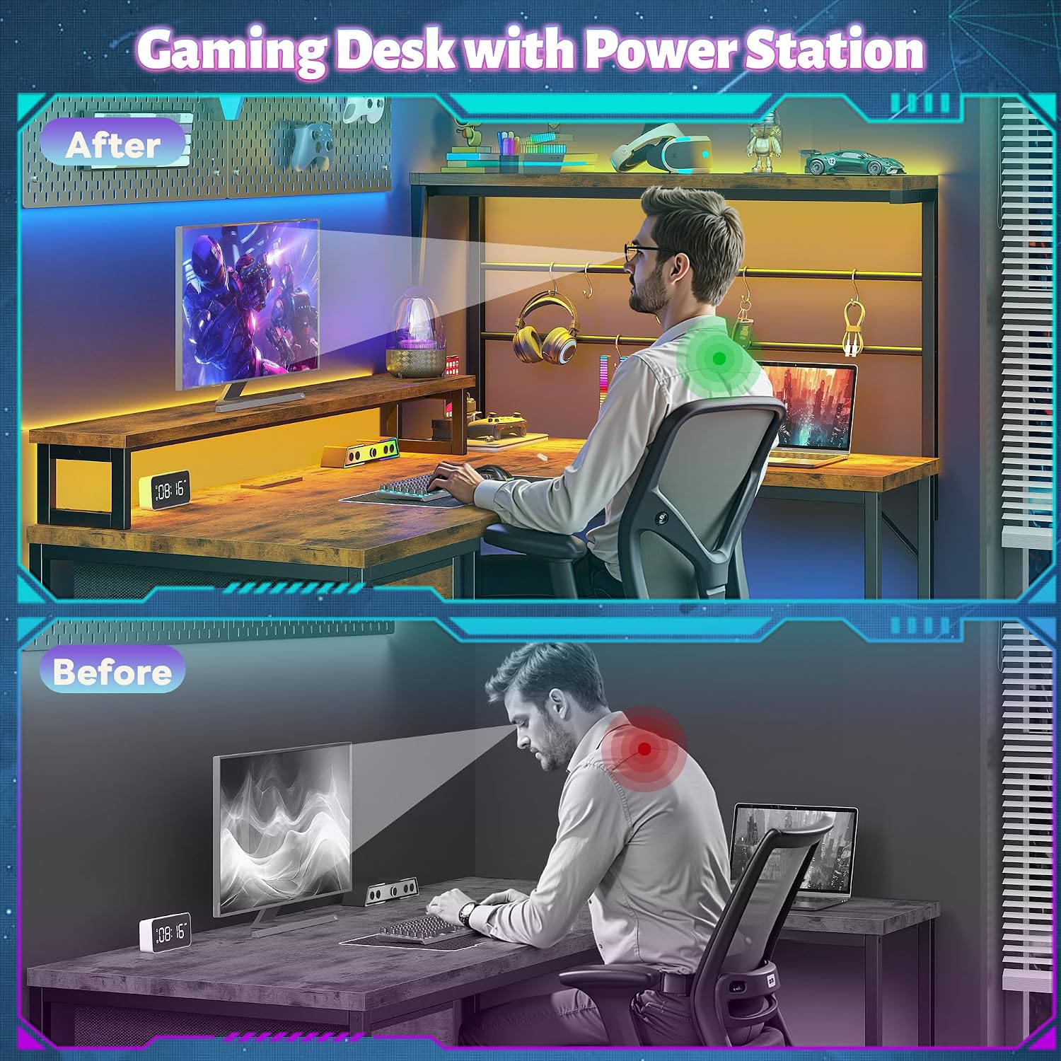EnHomee 53 inch L Shaped Desk with Shelf & Drawer,Reversible Corner Computer Desk with LED Lights & Power Outlets, Gaming Desk Home Office with Monitor Stand, Rustic Brown