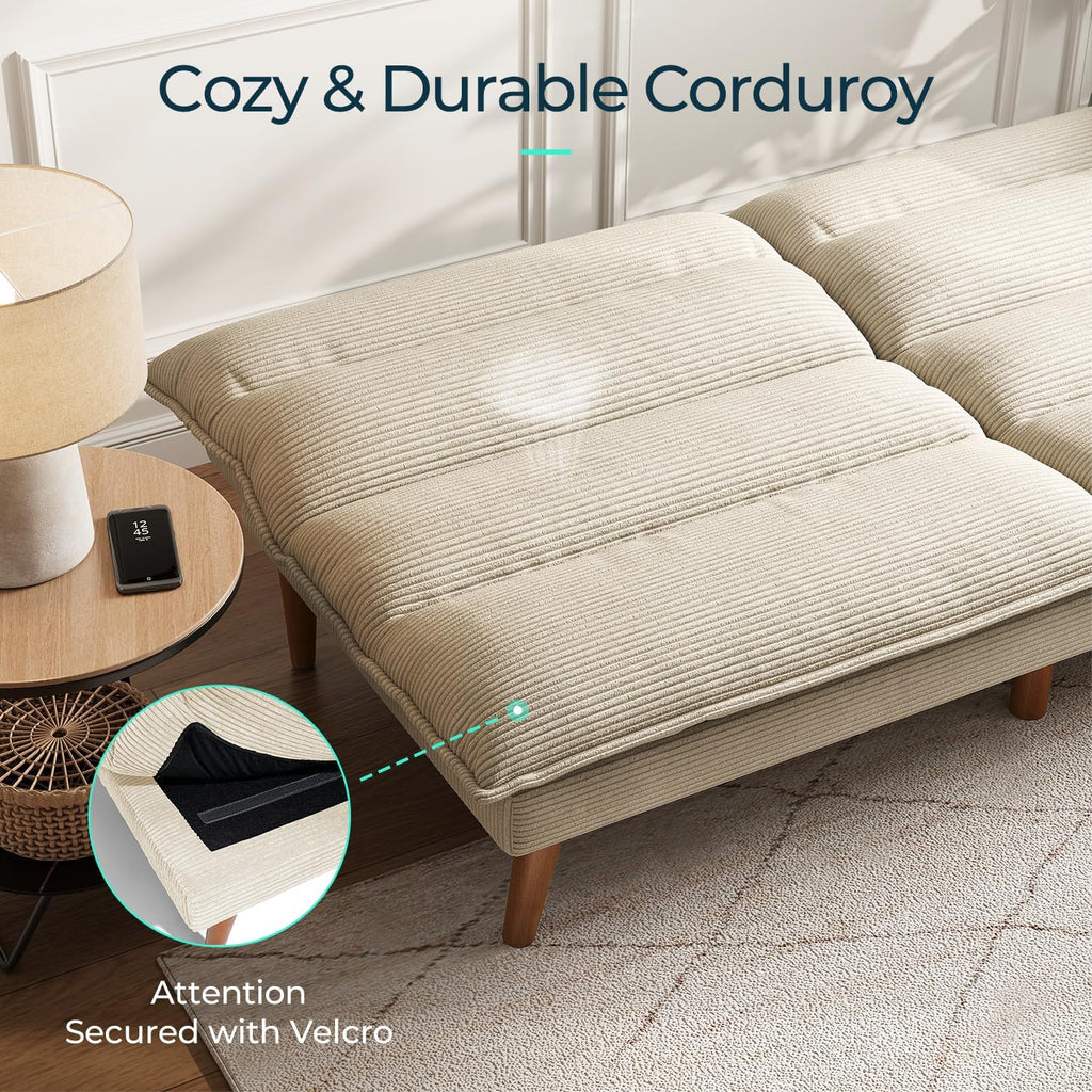 LINSY HOME Futon Sofa Bed - Convertible Corduroy Futon Couch Bed with Adjustable Backrest, Modern Small Loveseat Sleeper Sofa for Small Spaces, Living Room, Apartment or Office (Beige)