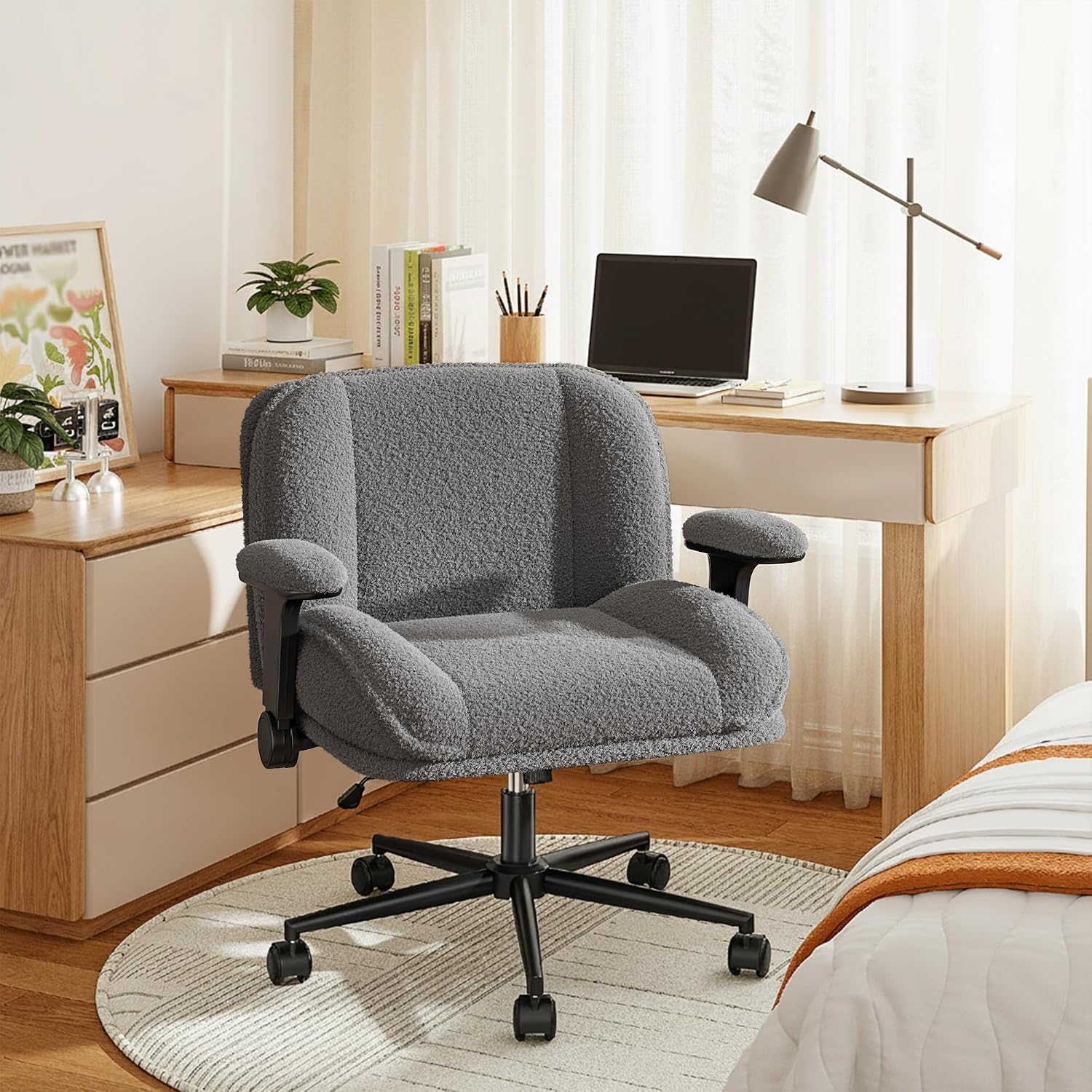 DurayLoly Criss Cross Chair with Wheels,Flip Up Arms,Wide Seat,Teddy Fleece,Adjustable Height,Cross Legged Desk Chair for Bedroom,Dorm,Home Office,Grey
