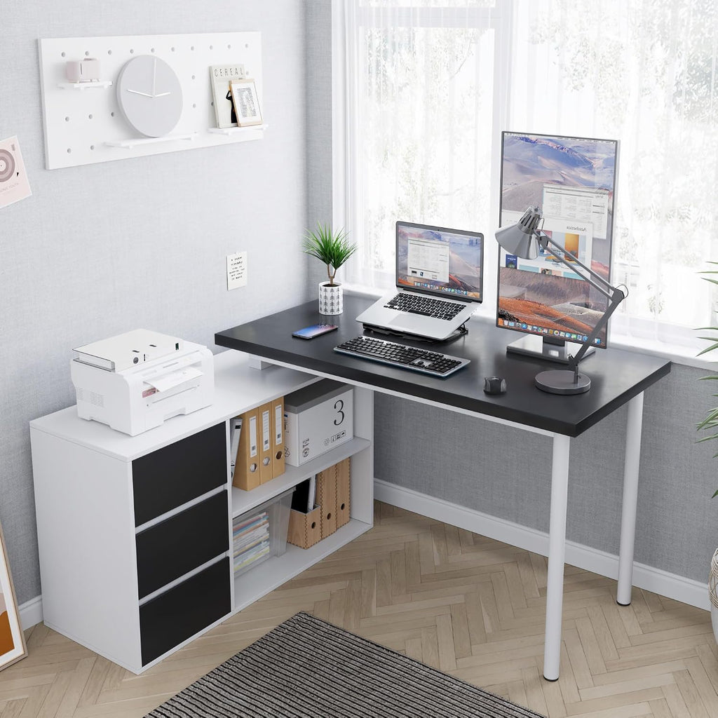 Home Office Computer Desk Corner Desk with 3 Black Drawers and 2 Shelves, 53-inch L-Shaped Study Desk with Storage, White + Black