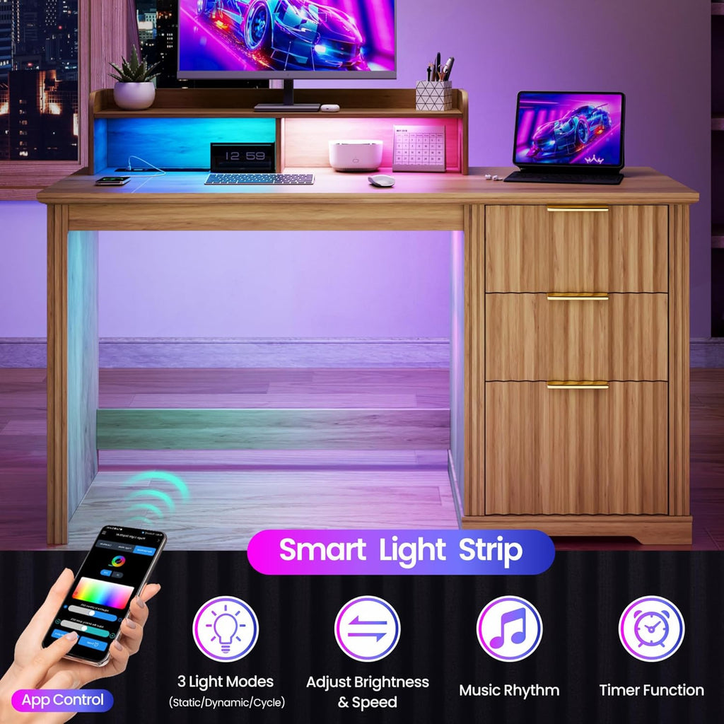 Lareth Computer Desk with Monitor Stand, 47 inch Home Office Desk with RGB LED Lights and Power Outlets, Writing Desk with Storage File Drawer for Working Gaming Writing, Wood