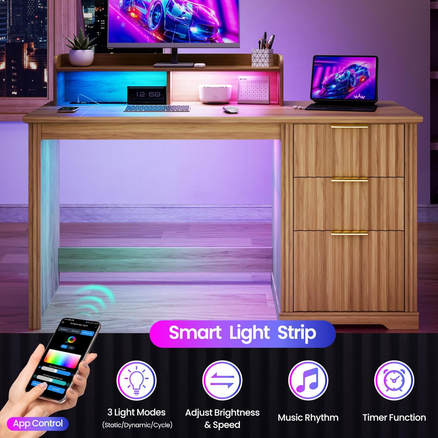 Lareth Computer Desk with Monitor Stand, 47 inch Home Office Desk with RGB LED Lights and Power Outlets, Writing Desk with Storage File Drawer for Working Gaming Writing, Wood