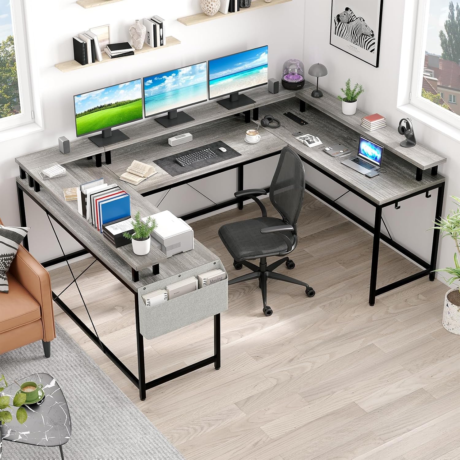 126' U Shaped Gaming Desk, Power Outlets & USB Ports, Reversible Corner Computer Desk with Monitor Stand, RGB LED Lights, Storage Shelves & Bag, Gaming Desk for Home Office, Tiger Stripes, Grey Oak