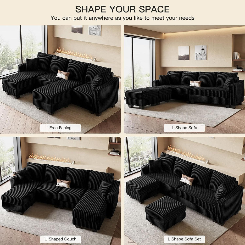 Belffin U Shaped Couch with Reversible Chaises Sectional Couches for Living Room Sectional Couch with Ottomans Corduroy (Black, U Shaped)