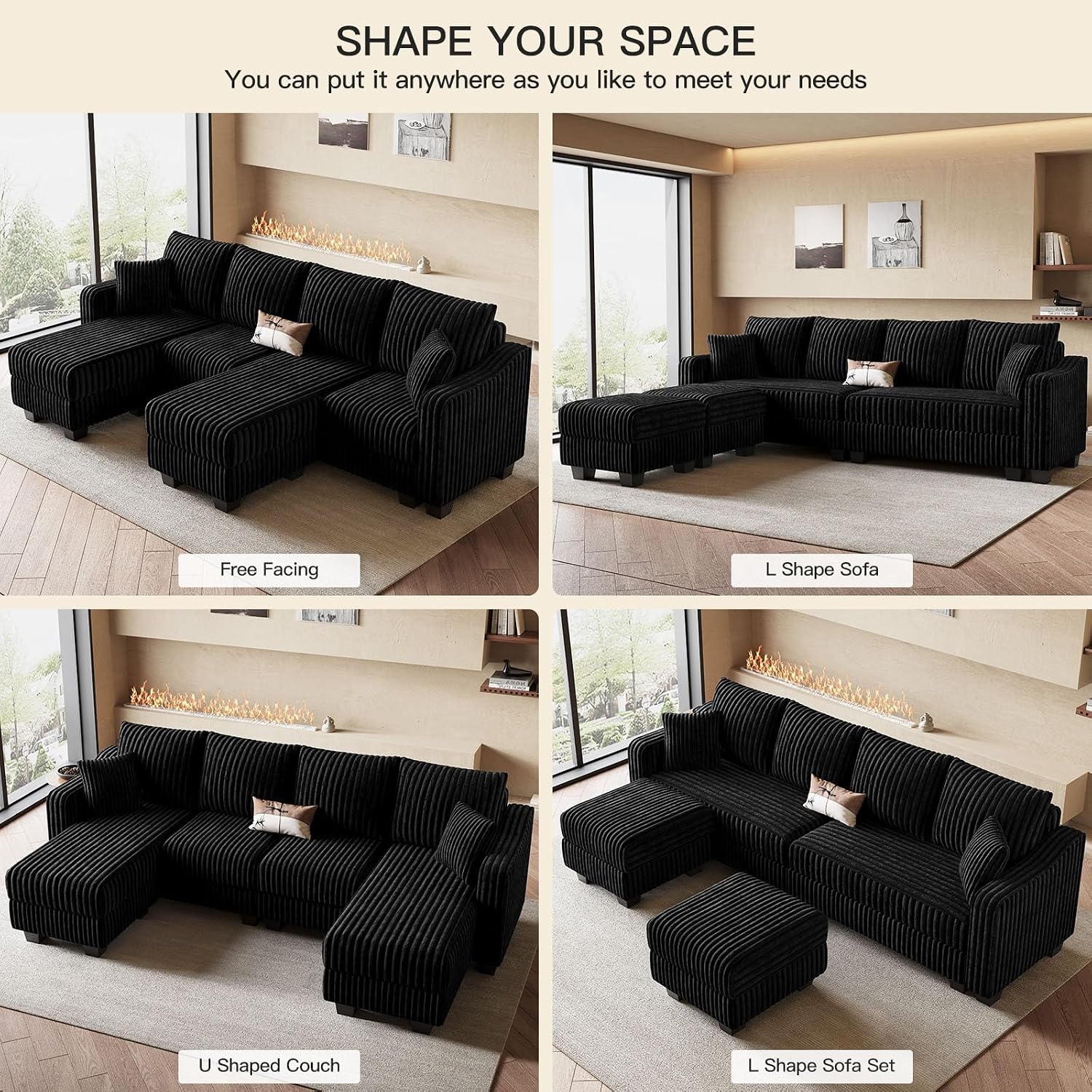 Belffin U Shaped Couch with Reversible Chaises Sectional Couches for Living Room Sectional Couch with Ottomans Corduroy (Black, U Shaped)