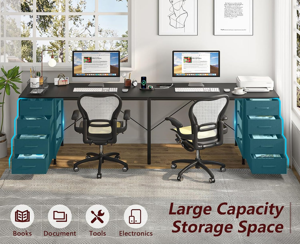 TVU 95' 2 Person Desk with 8 Drawers, Large Writing Home Office Desks with Outlets, I Shaped Workstation Double Desk Drawer Organizers