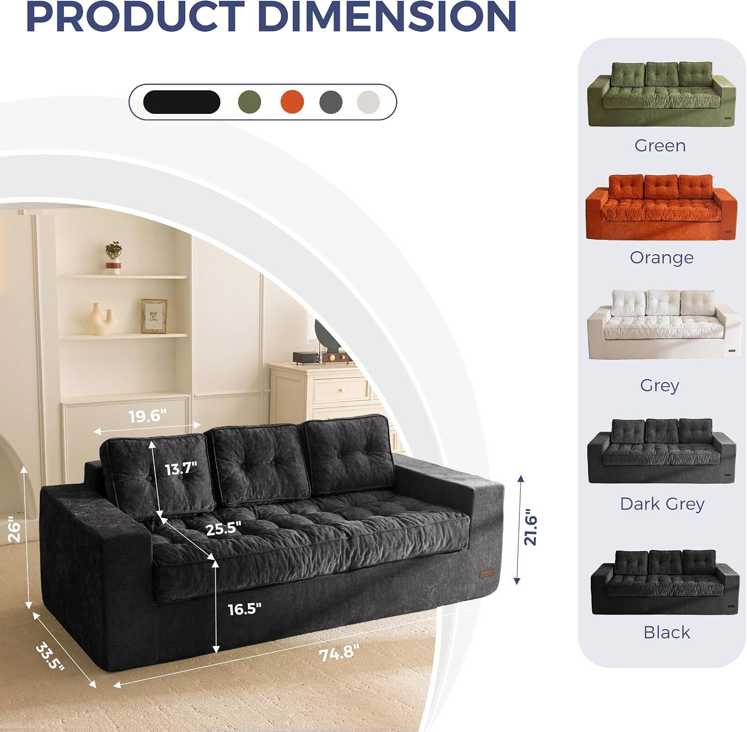 MAXYOYO 3-Seater Boneless Sofa Couch, Tufted Sofa Lounge for Living Room, Comfy Bean Bag Chair High-Density Foam Couch with Pillows, No Assembly Required