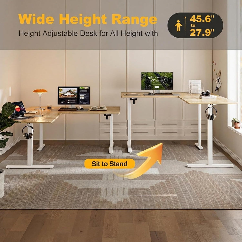 Grandder 63 x 55 Inch L Shaped Standing Desk, Electric Height Adjustable Corner Stand Up Desk, Sit Stand Corner Table Home Office Table, Oak Top White Frame
