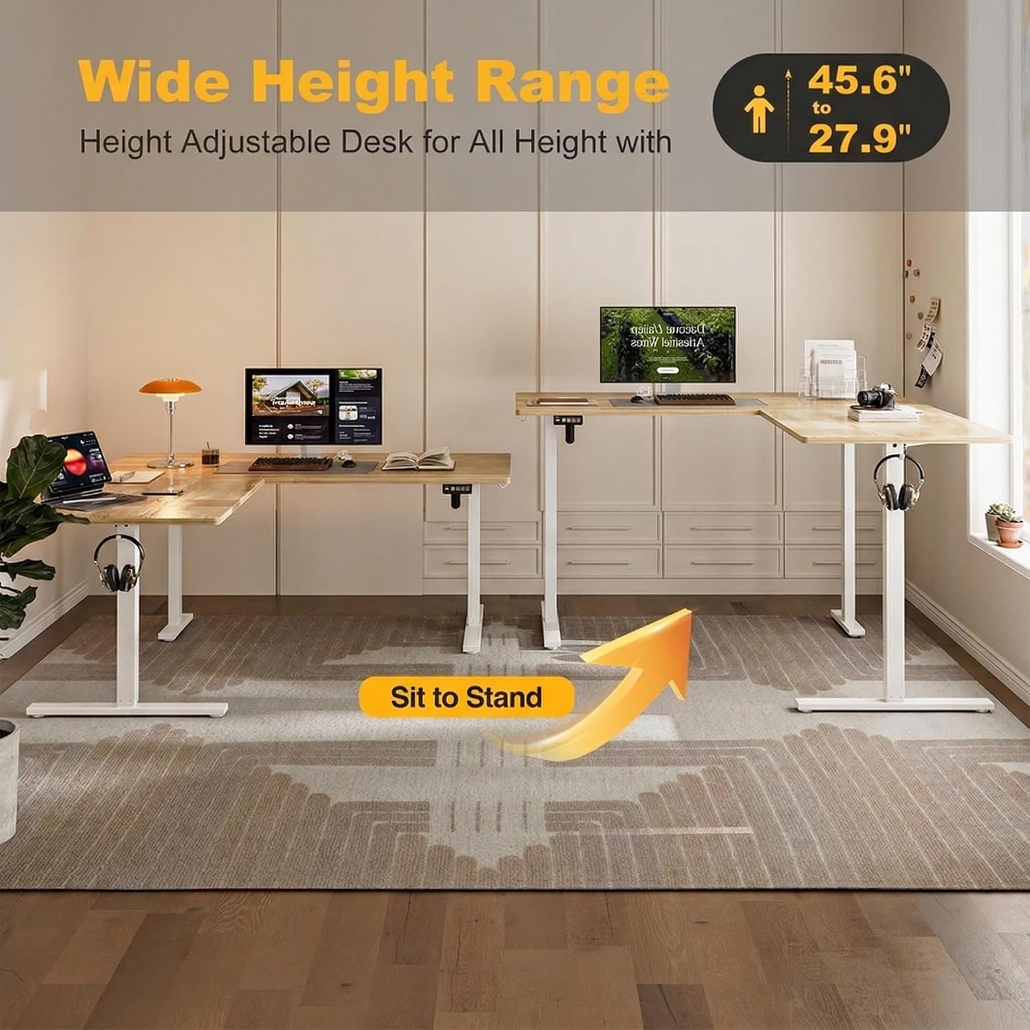 Grandder 63 x 55 Inch L Shaped Standing Desk, Electric Height Adjustable Corner Stand Up Desk, Sit Stand Corner Table Home Office Table, Oak Top White Frame