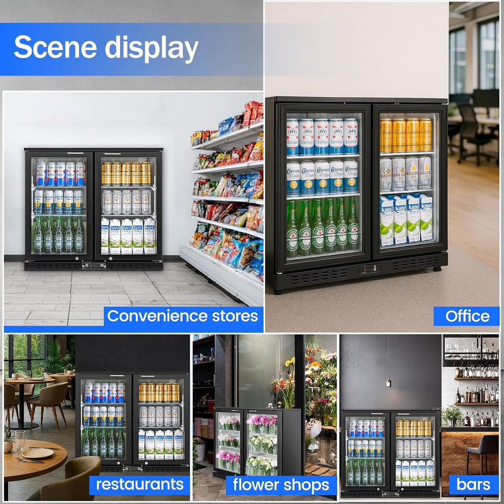 Back Bar Cooler with 2 Glass Doors Commercial Under Counter Beverage Refrigerator 7.4 Cu.ft. ETL Black Drink Fridges for Bar,Office,Convenience Stores