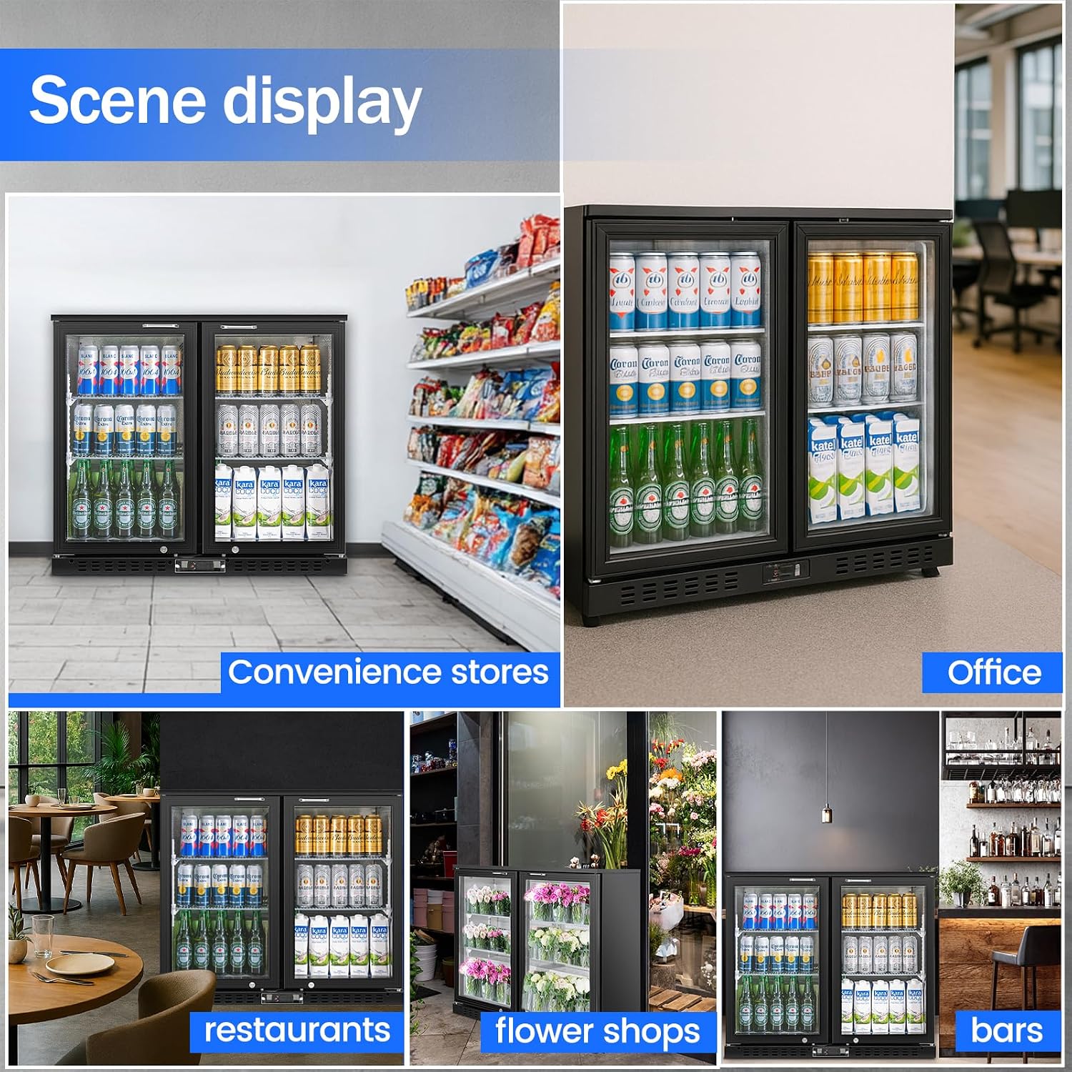 Back Bar Cooler with 2 Glass Doors Commercial Under Counter Beverage Refrigerator 7.4 Cu.ft. ETL Black Drink Fridges for Bar,Office,Convenience Stores