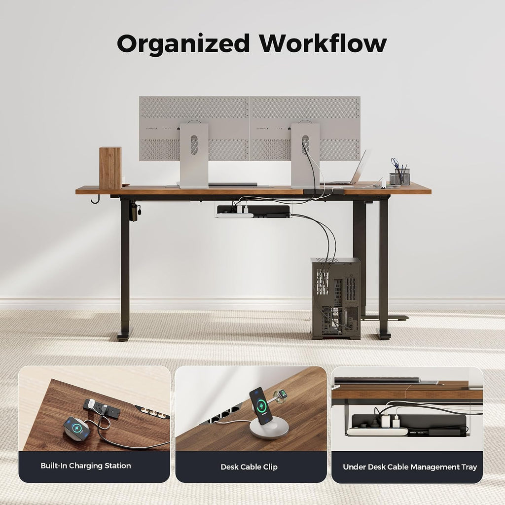 Agilestic Electric L Shaped Standing Desk 63 x 48 Inch with Power Outlet, Height Adjustable Corner Stand up Desk with Cable Management,Sit Stand Home Office Workstation with Splice Board, Dark Walnut