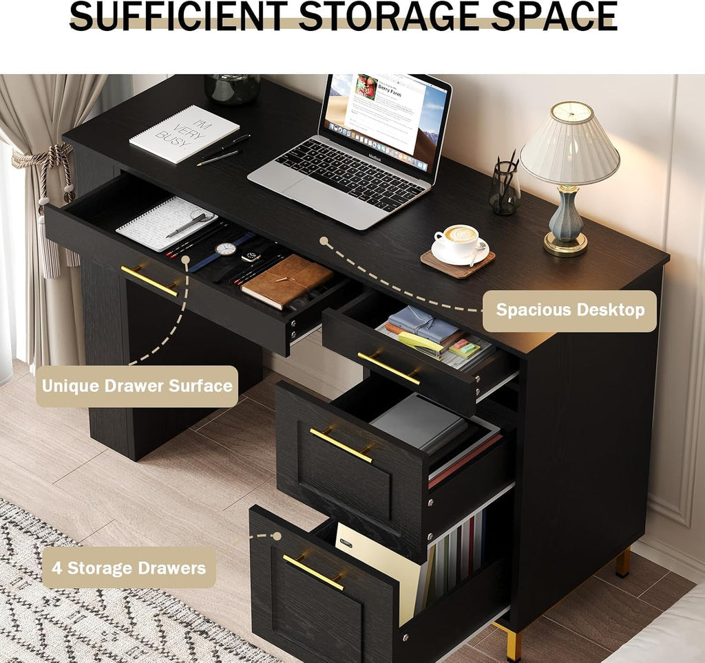 4 EVER WINNER Black Desk with Drawers and Power Outlet, 48 Inch Computer Desk with Storage Shelves, Writing Desk Study Table with Golden Handle for Small Space, Black