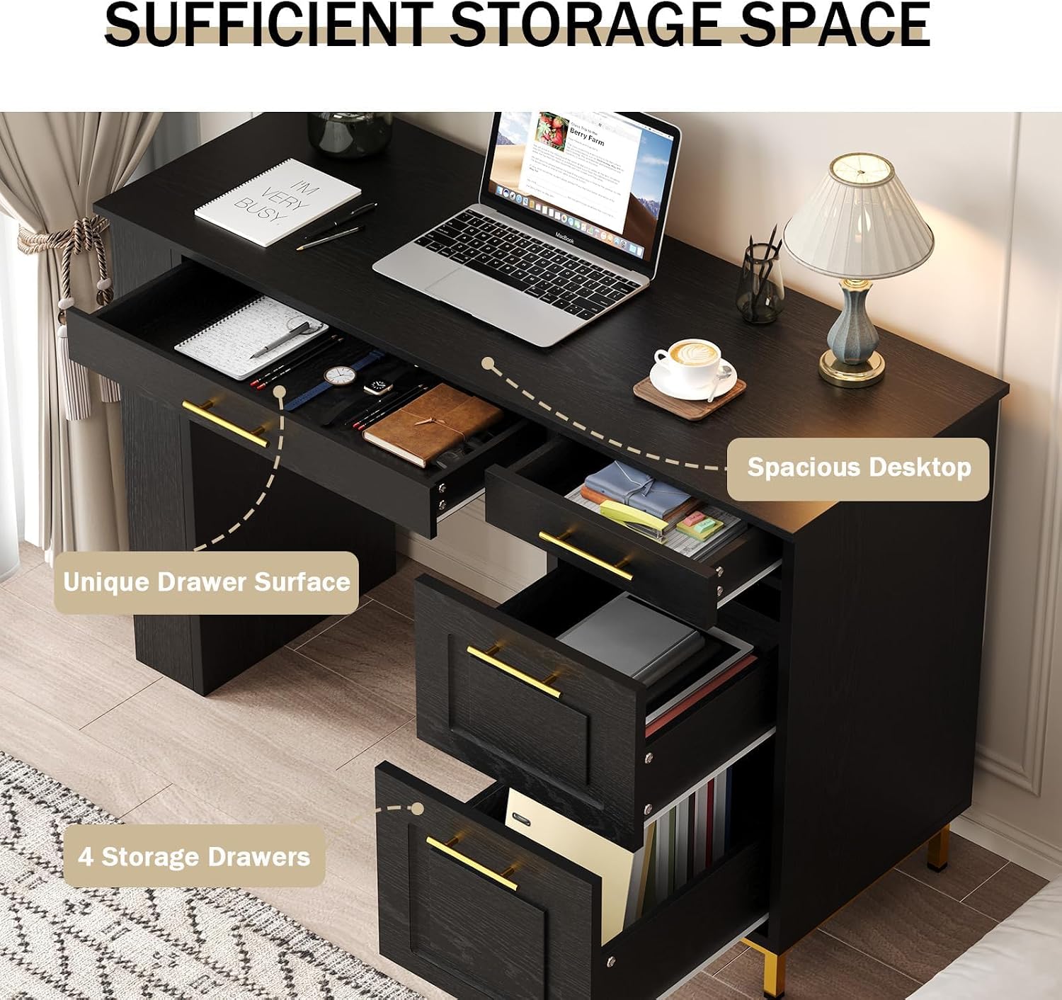 4 EVER WINNER Black Desk with Drawers and Power Outlet, 48 Inch Computer Desk with Storage Shelves, Writing Desk Study Table with Golden Handle for Small Space, Black