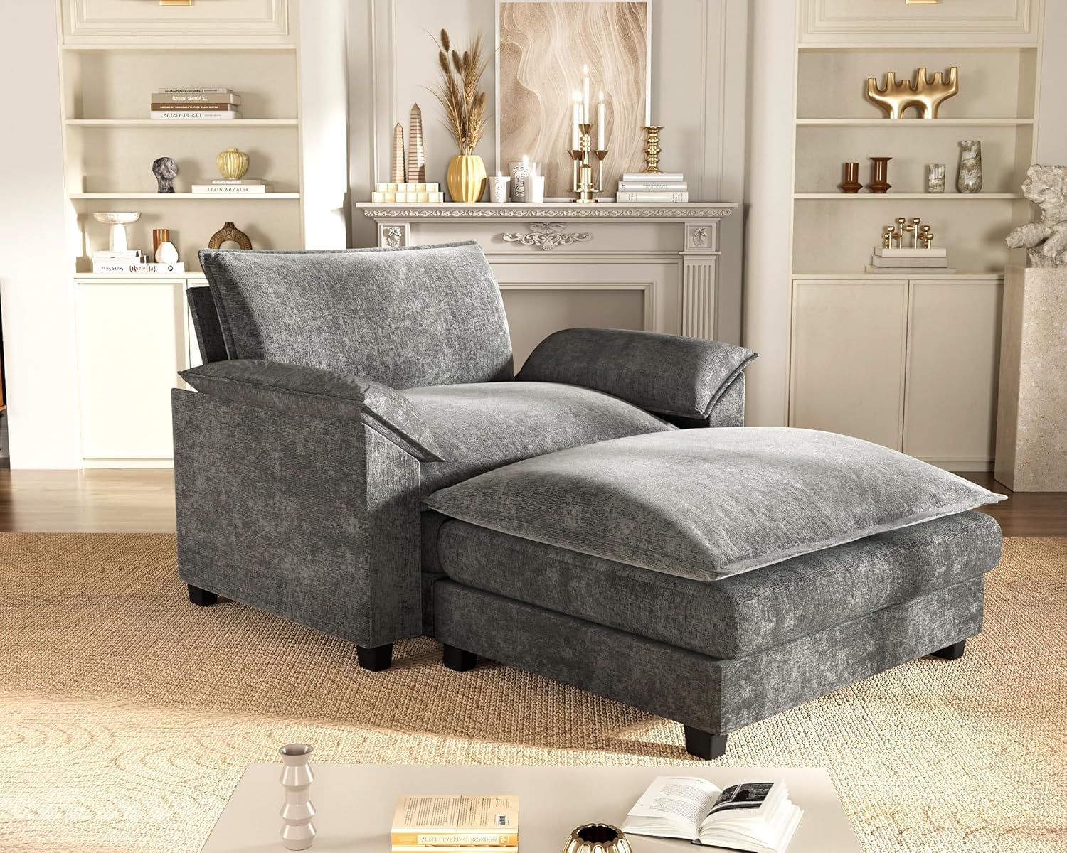 Homall 40' Modular Sectional Sofa, Single Sofa Couch with Reversible Ottoman, DIY Combination Chenille Deep 1-Seat Cloud Couch for Living Room, Apartment (Light Grey, Single Sofa Chair)