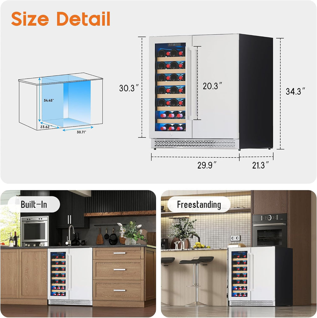 Albott 30 Inch Wine and Beverage Refrigerator, 37–64℉ Dual Zone Wine Cooler with Digital Temperature Control, Built-in or Freestanding for Home or Bar, Holds 33 Bottles 100 Cans Beer, Soda, Champagne