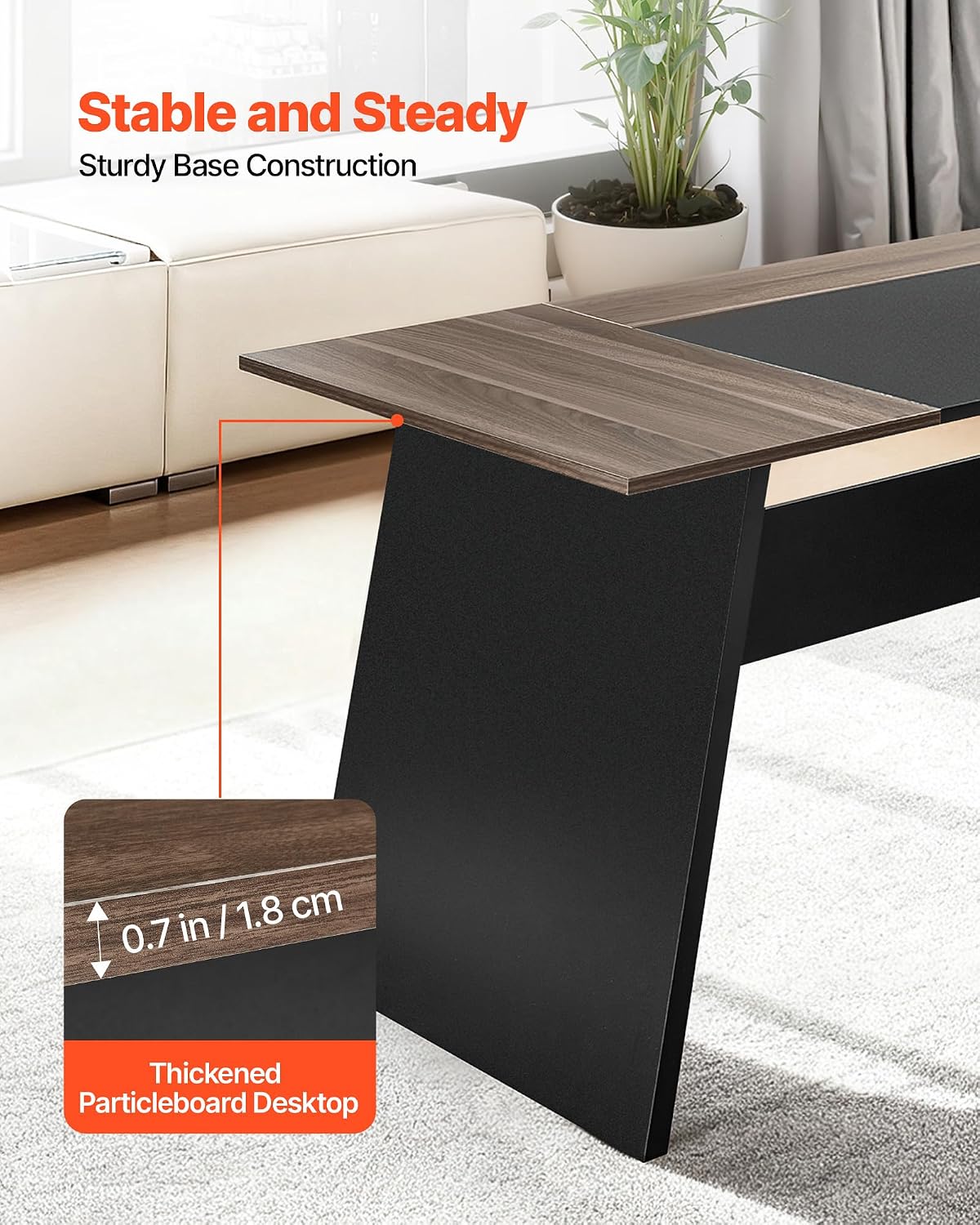 VEVOR L-Shaped Executive Desk, Large Modern Office Table with Drawers and Storage Cabinet, Heavy Duty Wooden Executive Table, 350 LBS Load Capacity, Easy Assembly, for Work Study Writing, Brown+Black