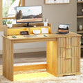 Lareth Computer Desk with Monitor Stand, 47 inch Home Office Desk with RGB LED Lights and Power Outlets, Writing Desk with Storage File Drawer for Working Gaming Writing, Wood