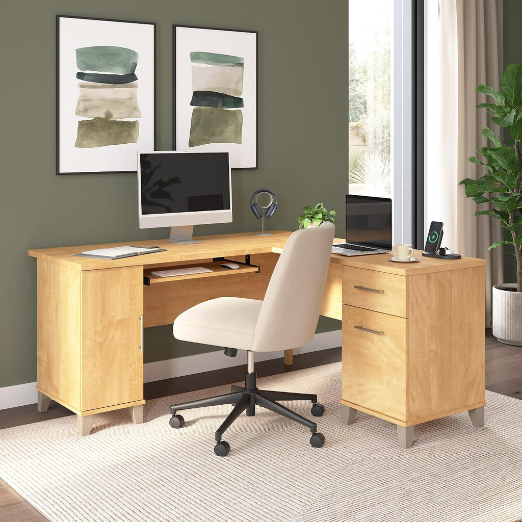 Bush Home 60-Inch L-Shaped Desk with Storage, Corner Computer Office Desk with Drawers and Storage Cabinet, Home Office Furniture, Somerset Collection, Maple Cross
