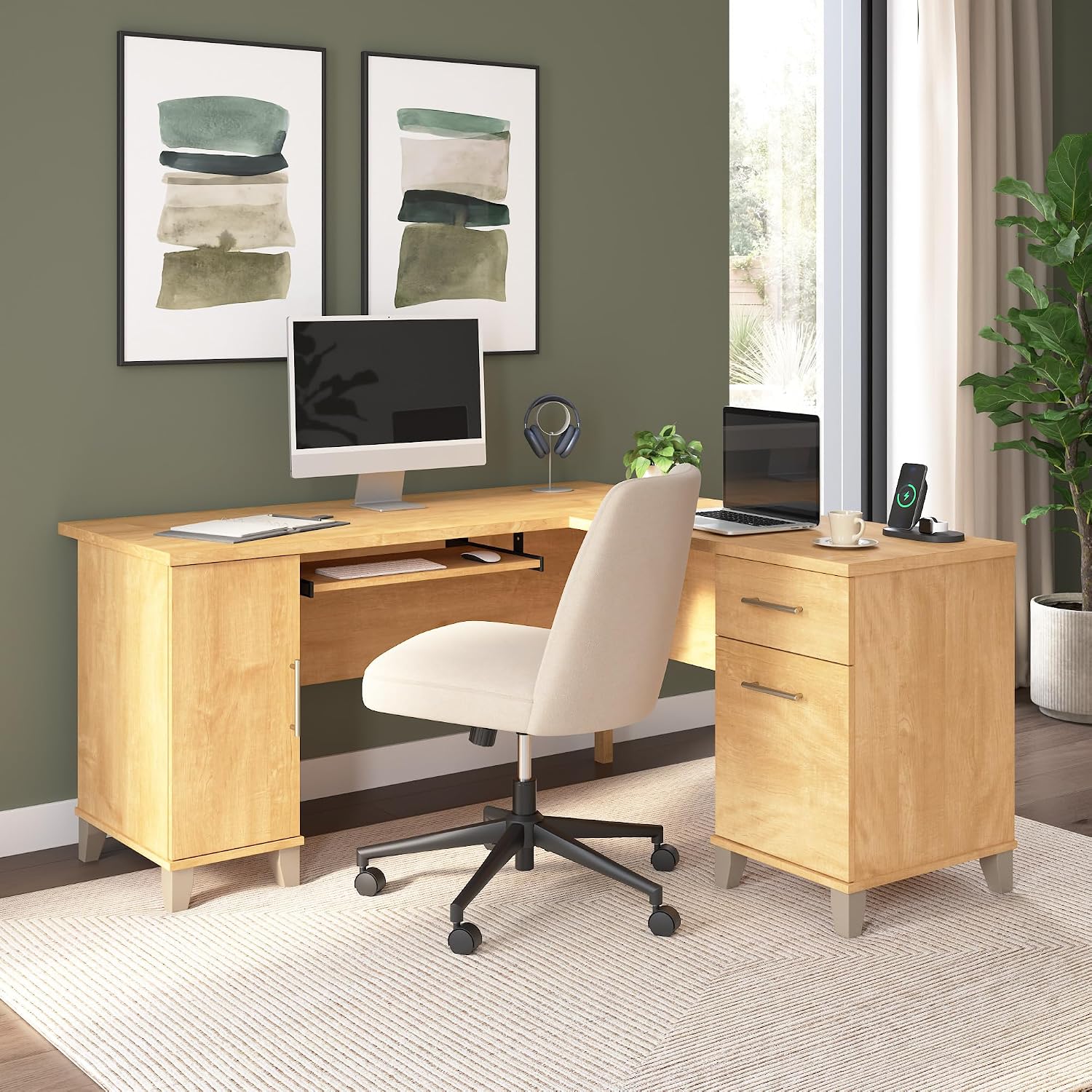 Bush Home 60-Inch L-Shaped Desk with Storage, Corner Computer Office Desk with Drawers and Storage Cabinet, Home Office Furniture, Somerset Collection, Maple Cross