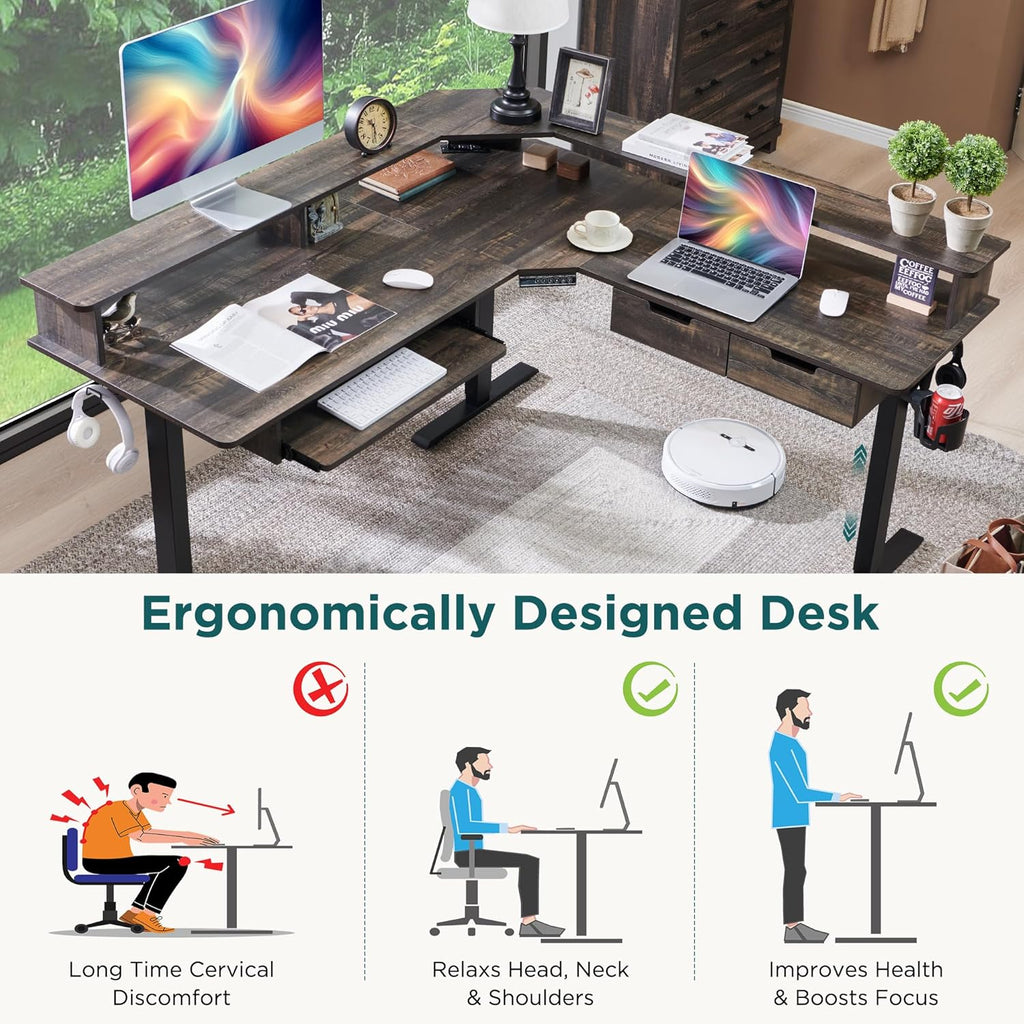 RedLemon 60 Inches L Shaped Electric Standing Desk,Height Adjustable Corner Gaming Desk with Drawers, Keyboard Tray, Power Outlets & LED Lights, Computer Desk with Monitor Shelf, Dark Rustic Oak