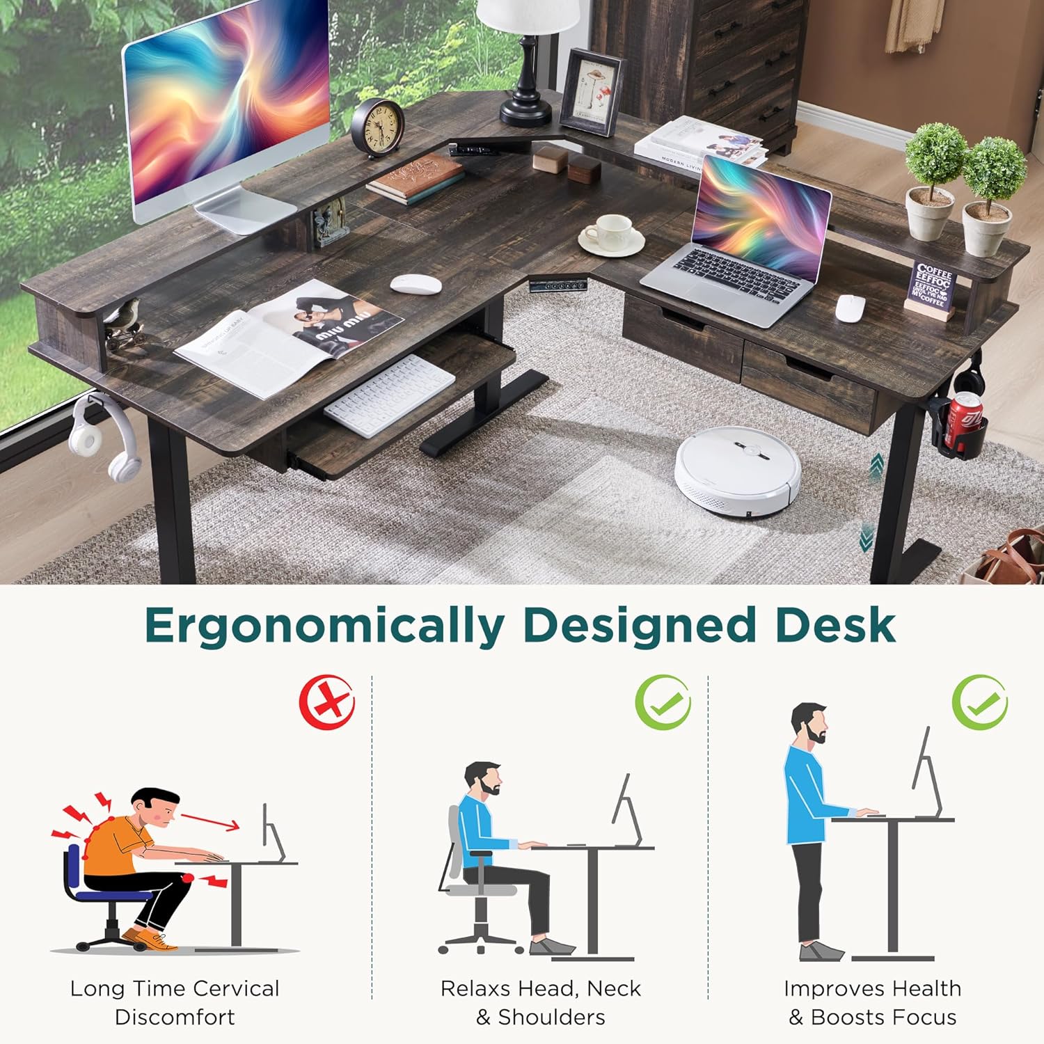 RedLemon 60 Inches L Shaped Electric Standing Desk,Height Adjustable Corner Gaming Desk with Drawers, Keyboard Tray, Power Outlets & LED Lights, Computer Desk with Monitor Shelf, Dark Rustic Oak