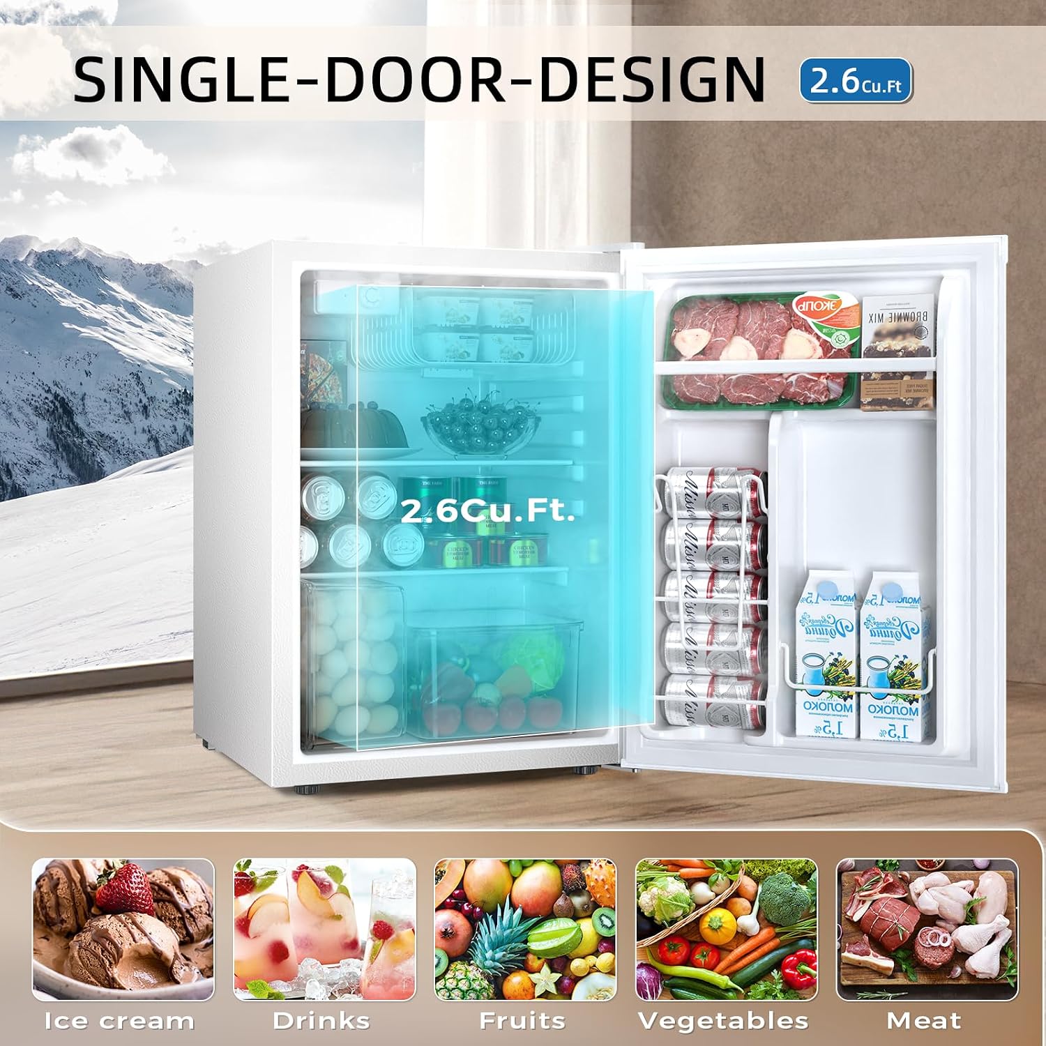 Antarctic Star Mini Compact Refrigerator with Freezer, 2.6 Cu.Ft. Single Door Adjustable Removable Shelves for Apartment/Dorm/Office,WHITE