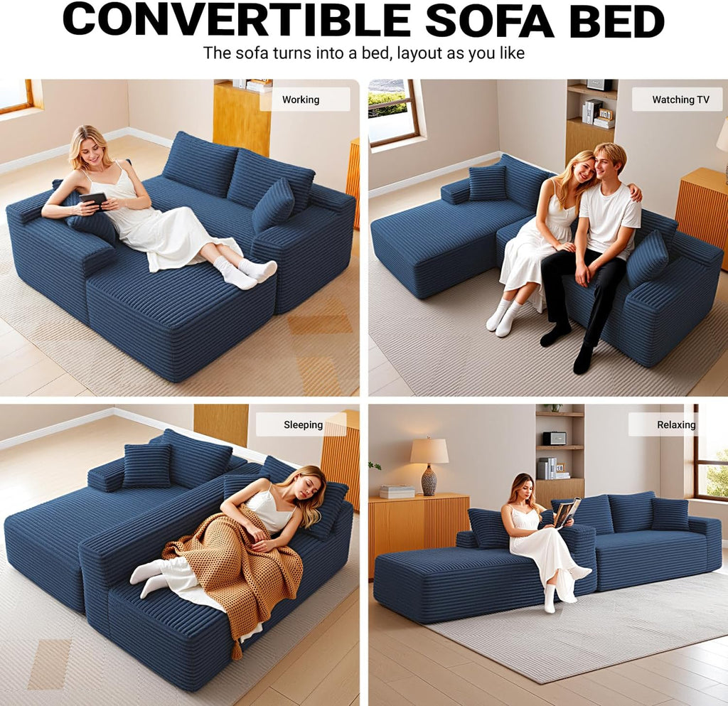 108' Cloud Sectional Couch,Modern Modular Sectional Sofa with Deep Seat,Corduroy Boneless Couches with L-Shape Chaise for Living Room,No Assembly Required (Blue, Left Facing Chaise)