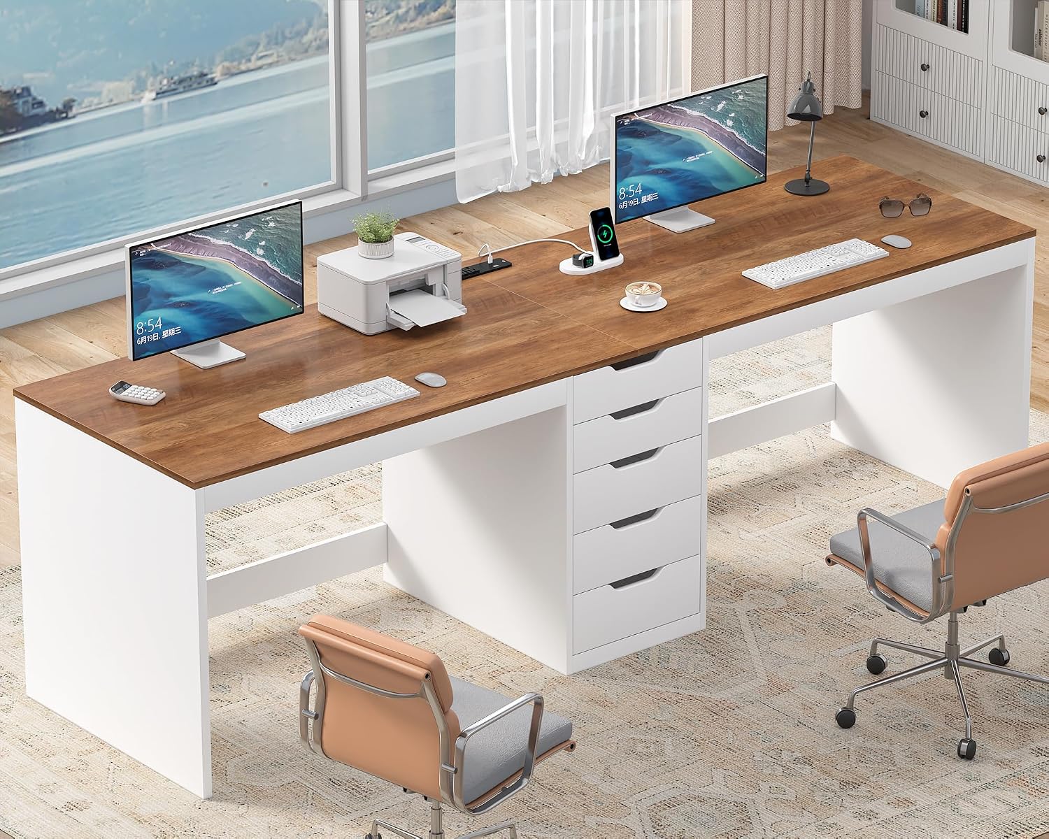 YOMILUVE 2 Person Desk with 5 Drawers and Power Outlets, 78.7 Inch Long Computer Desk with Storage File Cabinet, Two Person Home Office Double Desk with Storage, Brown and White
