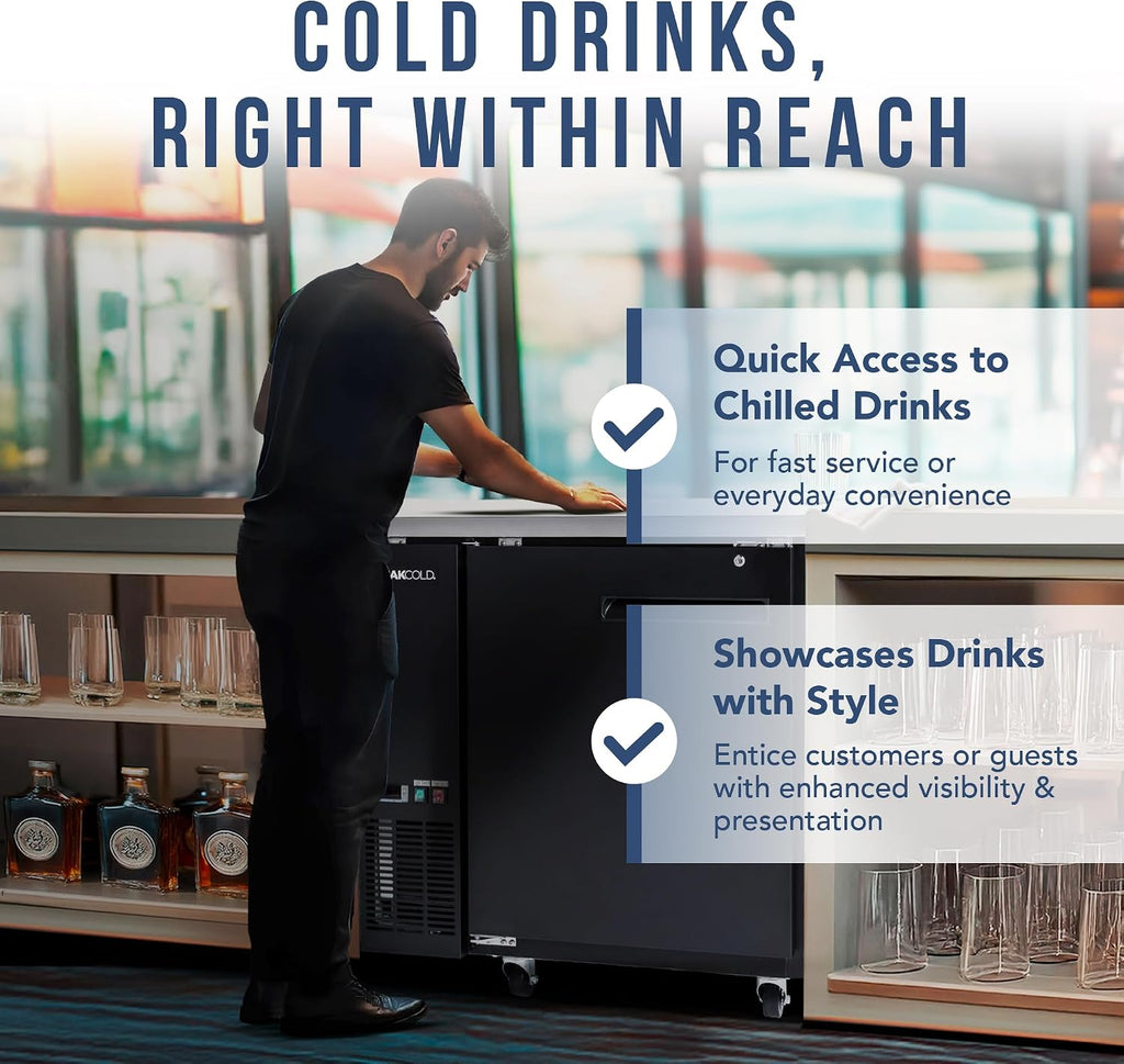 PEAKCOLD 1-Door Counter Height Beverage Refrigerator - 36' Wide Energy Efficient Solid Black Beer Cooler & Bar Fridge With White LED Lighting - Commercial Back Bar Cooler