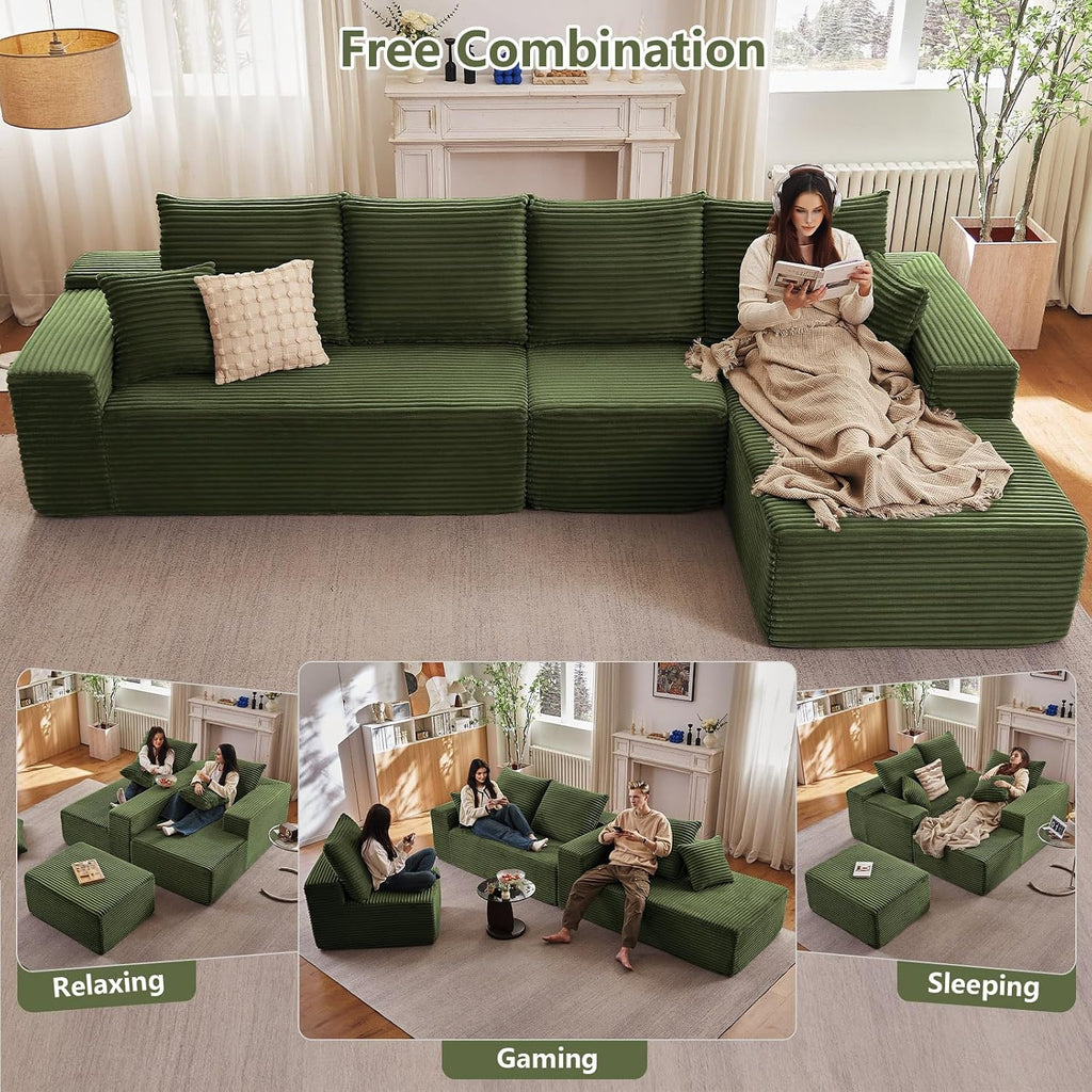 135' Cloud Sectional Couch with L-Shape Chaise, Modern Modular Comfy Sofa Chaise Longue, Upholstered Corduroy Couches Sleeper with Deep Seat for Living Room Bedroom, No Assembly Required, Green