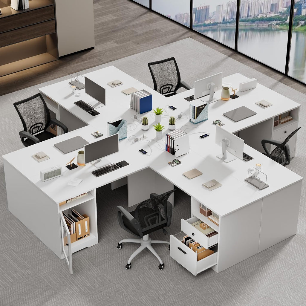 MU L Shaped Desk with File Drawer, 60 Inch Corner Desk with Storage Drawers & Cabinet, Large Home Office Table with Power Outlets, Wood Executive Office Desk, White