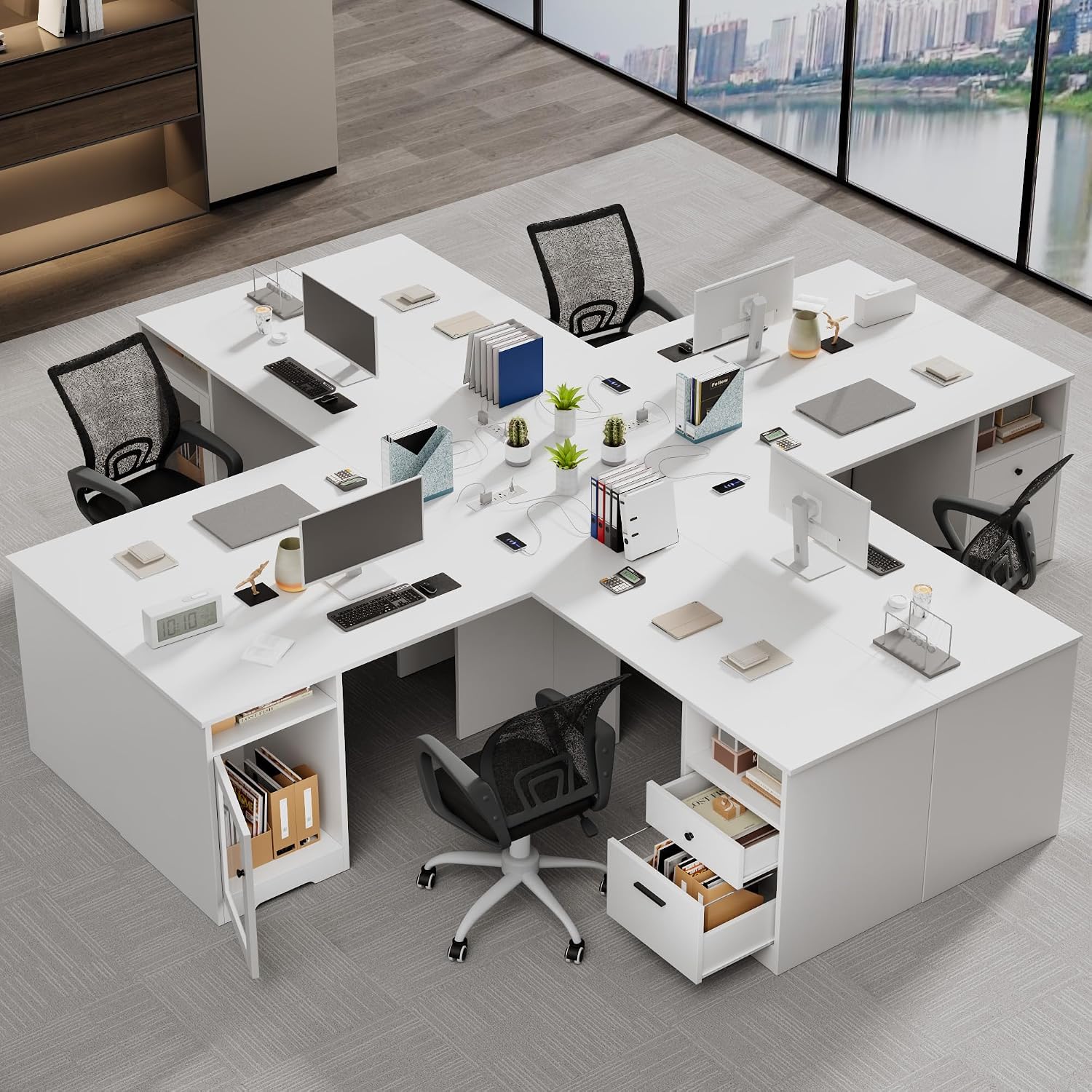MU L Shaped Desk with File Drawer, 60 Inch Corner Desk with Storage Drawers & Cabinet, Large Home Office Table with Power Outlets, Wood Executive Office Desk, White