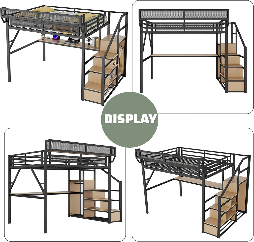 Queen Size Loft Bed with Stairs and Desk, Metal Lofts Bed Queen with Upper Storage Shelf, Gaming LoftBed with LED, Charging Station and Wardrobe for Teens, Adults,Black