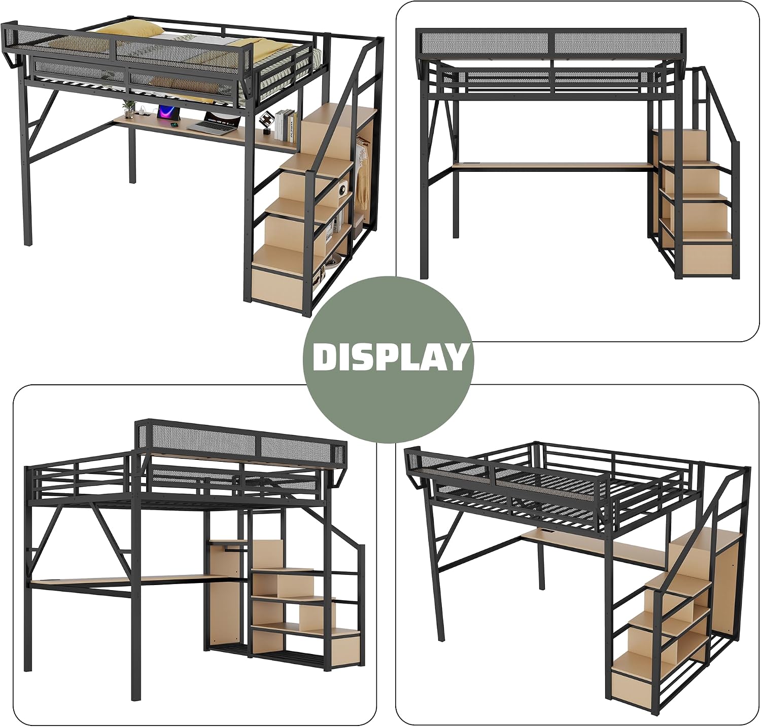 Queen Size Loft Bed with Stairs and Desk, Metal Lofts Bed Queen with Upper Storage Shelf, Gaming LoftBed with LED, Charging Station and Wardrobe for Teens, Adults,Black