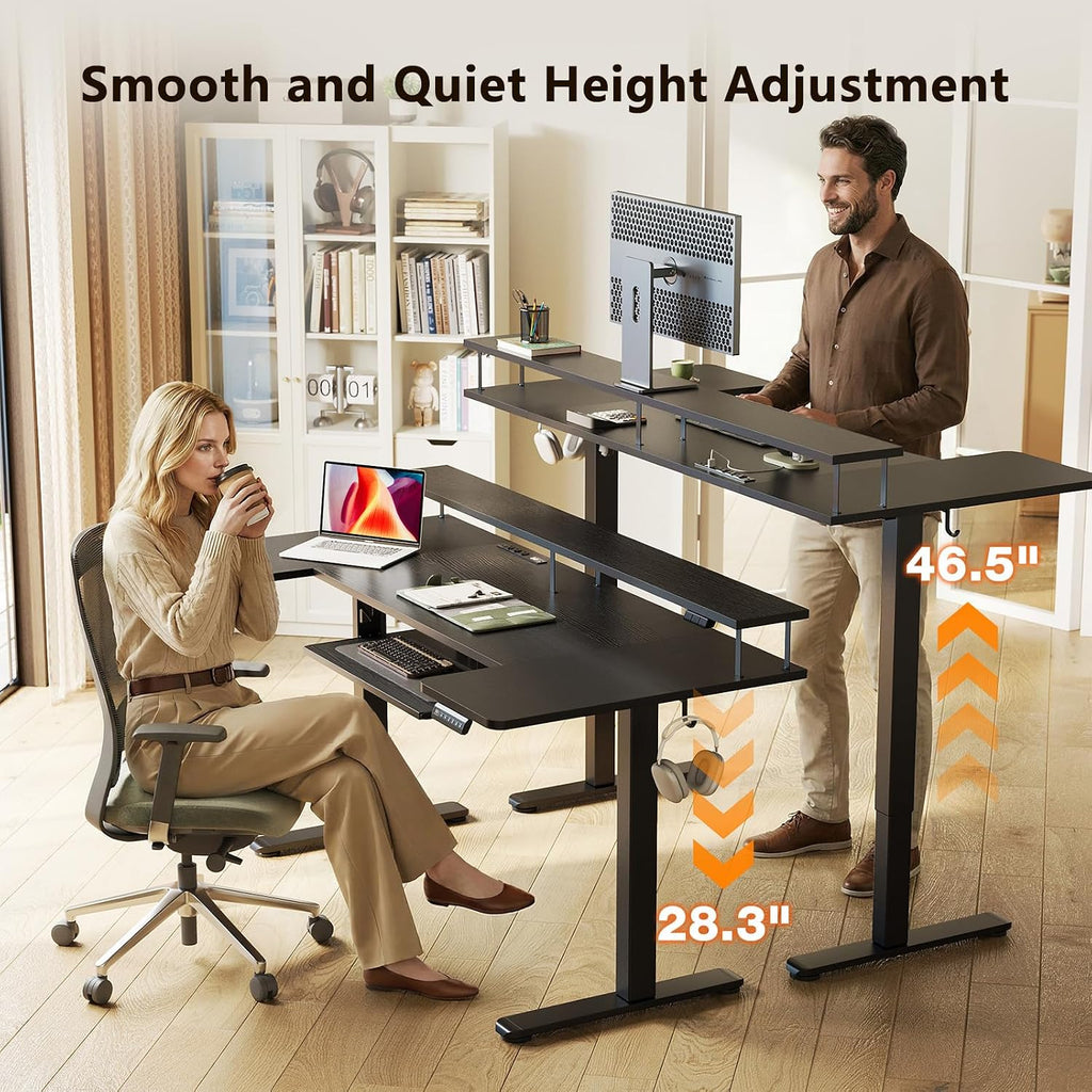 OffiGo U Shaped Electric Standing Desk with Keyboard Tray, 63 Inch Height Adjustable Desk with Power Outlets & LED Lights, Sit Stand Table with Monitor Stand for Home, Office, Black