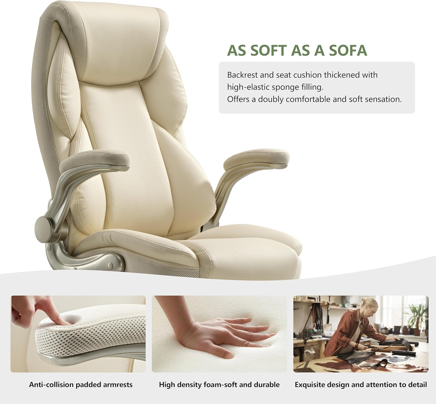 EUREKA ERGONOMIC Galene Executive Office Chair Flip Up Arm Rest, Ergonomic Desk Chair Faux Leather Computer Chair, High Back Office Chair with Headrest, Home Office Desk Chairs with Wheels, Beige