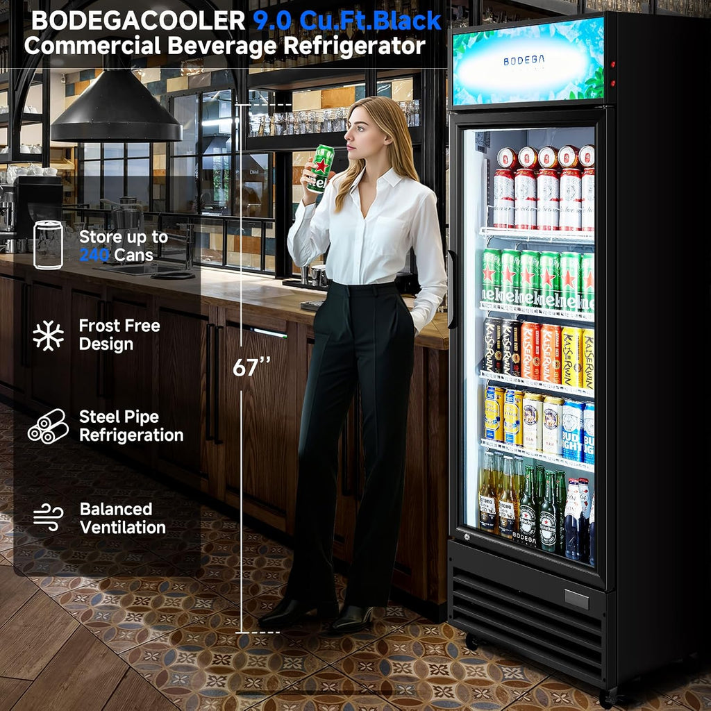 BODEGA COOLER 9 Cu. Ft Commercial Merchandiser Refrigerator with Glass Door & LED Light | Energy-Saving Beverage Display refrigerator, 32°F-50°F Temp, 4 Adjustable Shelves, Lock for Office/Bar/Kitchen